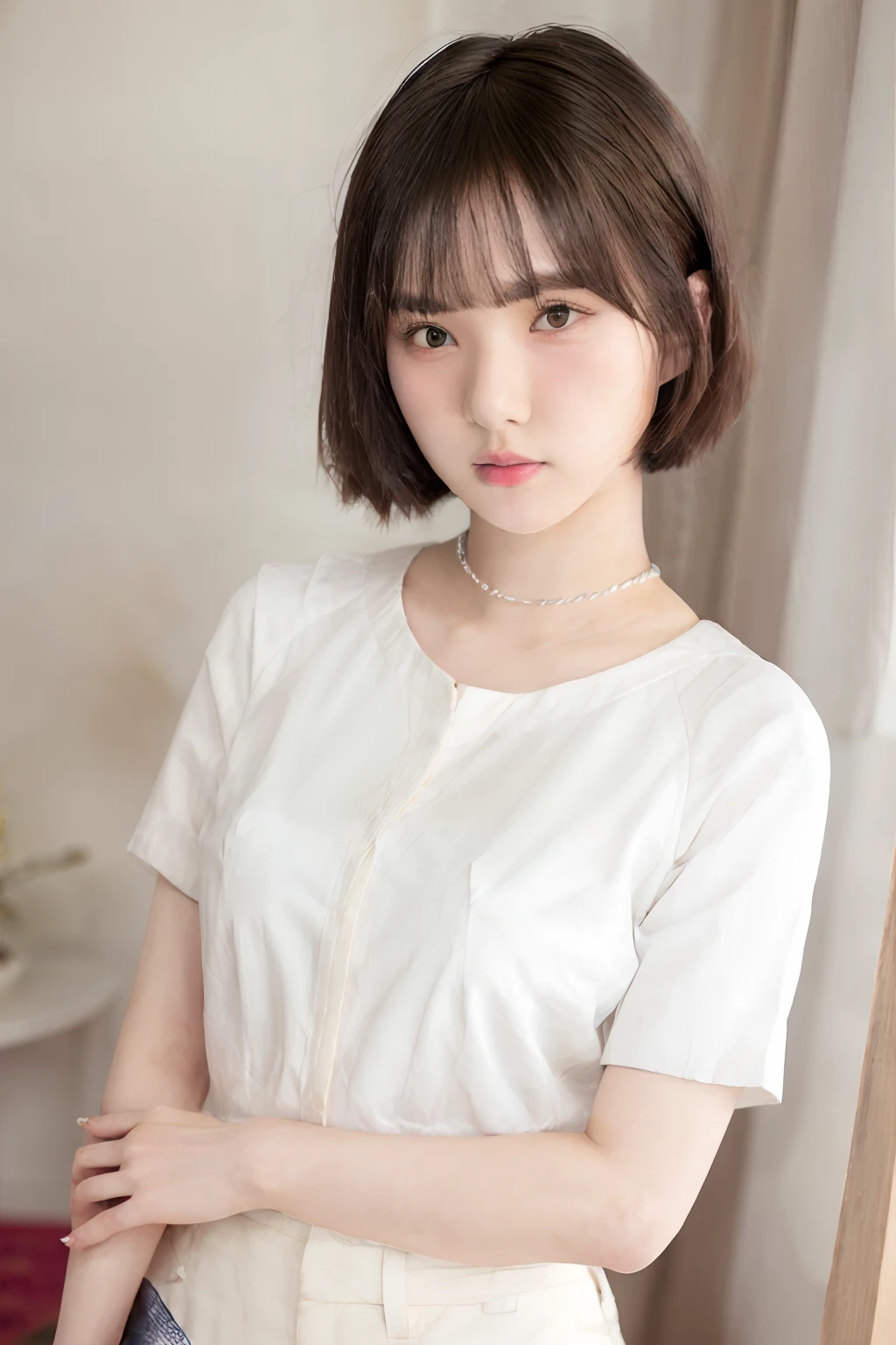 Alafed asian woman with short hair and white shirt, With short hair, Korean Girl, Gorgeous young Korean woman, white hime cut hairstyle, Beautiful young Korean woman, young and cute girl, Young adorable Korean face, beautiful Korean women, Beautiful Asian Girl, with short hair with bangs, ulzzangs, young cute wan asian face, clear cute face