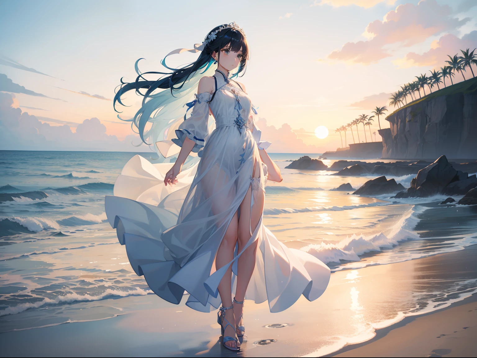 Girl with long light blue hair、Black eyes、Long dress with white ruffles.The figure illuminated by the setting sun is God々Right!an orange、pink there、Yellow blends to fill the sky、The sunset over the beach is truly mesmerizing。The crystal clear sea gently kisses the shore、White sand beaches stretch everywhere。Seagulls soar high into the sky、It is a dynamic and breathtaking scene with palm trees gently swaying。Embrace a calm atmosphere、Peace washes you。Face Highlights