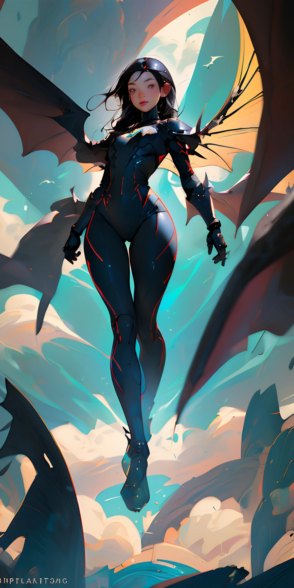 Female super hero, long black hair, small breast, little breast, wide hips, thick thighs, thick legs, happy, mechanical wings that resemble bat wings, flying in the sky, slightly chubby.