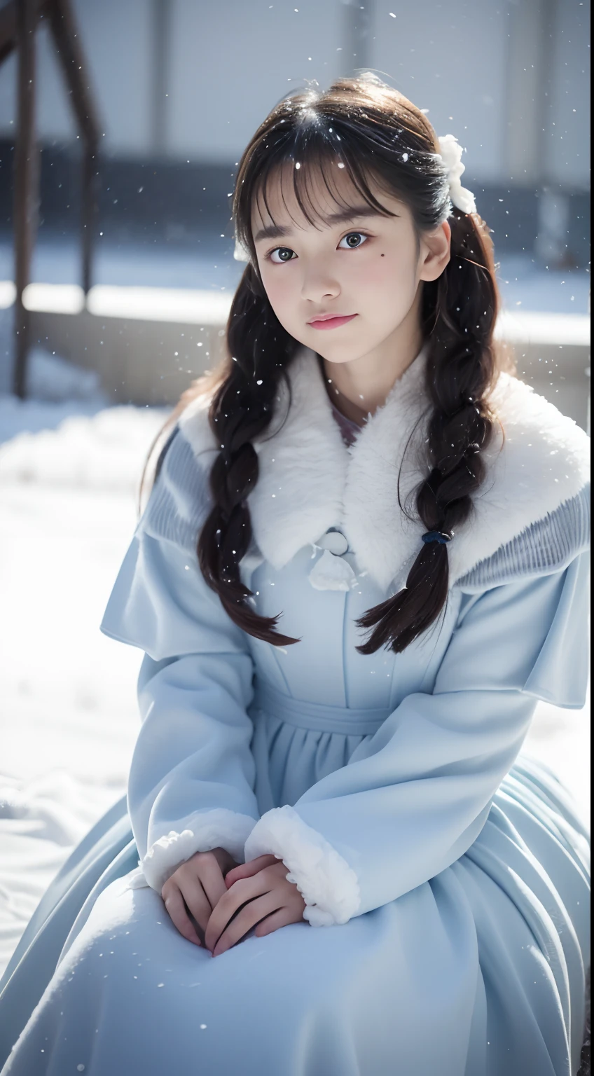 (8K, Best quality, Master, 超高分辨率:1.2) Beautiful photo of a 12 year old girl in Japan,ssmile, (melancholy winter snow:1.4),(Beautiful vivid Lolita dress),Big wind,(looking toward the viewer),Squat and sit,Long hair,fur cape