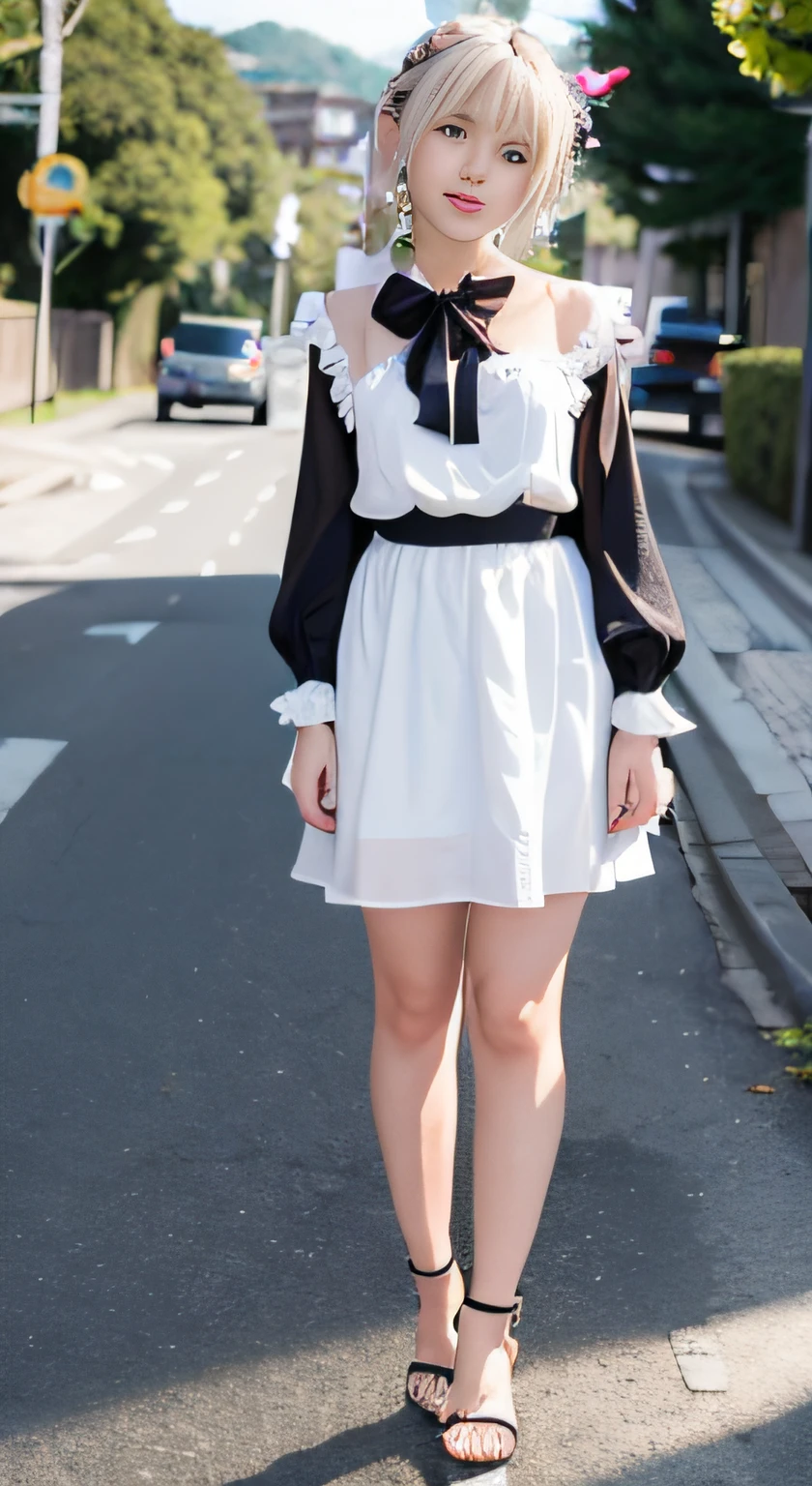 (ultra-detailliert), Frontal Face,head shot, Front view,Cute princess dresses in black color,(frilly dress),(shortsleeves),Blue eyes,The upper part of the body、full body Esbian、faces、(A smile:1.5),(facing front:1.2), 20yr old, teens girl,no tail,(no tail),2D, ​masterpiece, top-quality, animesque, A detailed eye, A detailed face, girl with, Only 1 person,Silver-haired medium hair, (a blond),  Ear Hair, small tits, Single braid, (Single braid), (Side braid), Pink ribbon, Ribbon around the neck, (White sleeves), Standing in the middle of the road