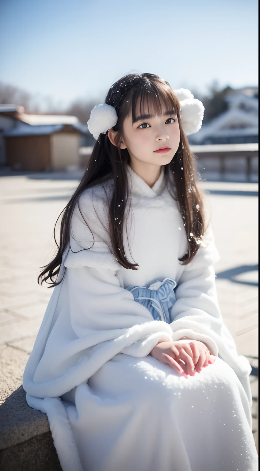 (8K, Best quality, Master, 超高分辨率:1.2) Beautiful photo of a 12 year old girl in Japan，ssmile， (melancholy winter snow:1.4)，(Beautiful vivid Lolita dress)，Big wind，(looking toward the viewer)，Squat and sit，Long hair，fur cape