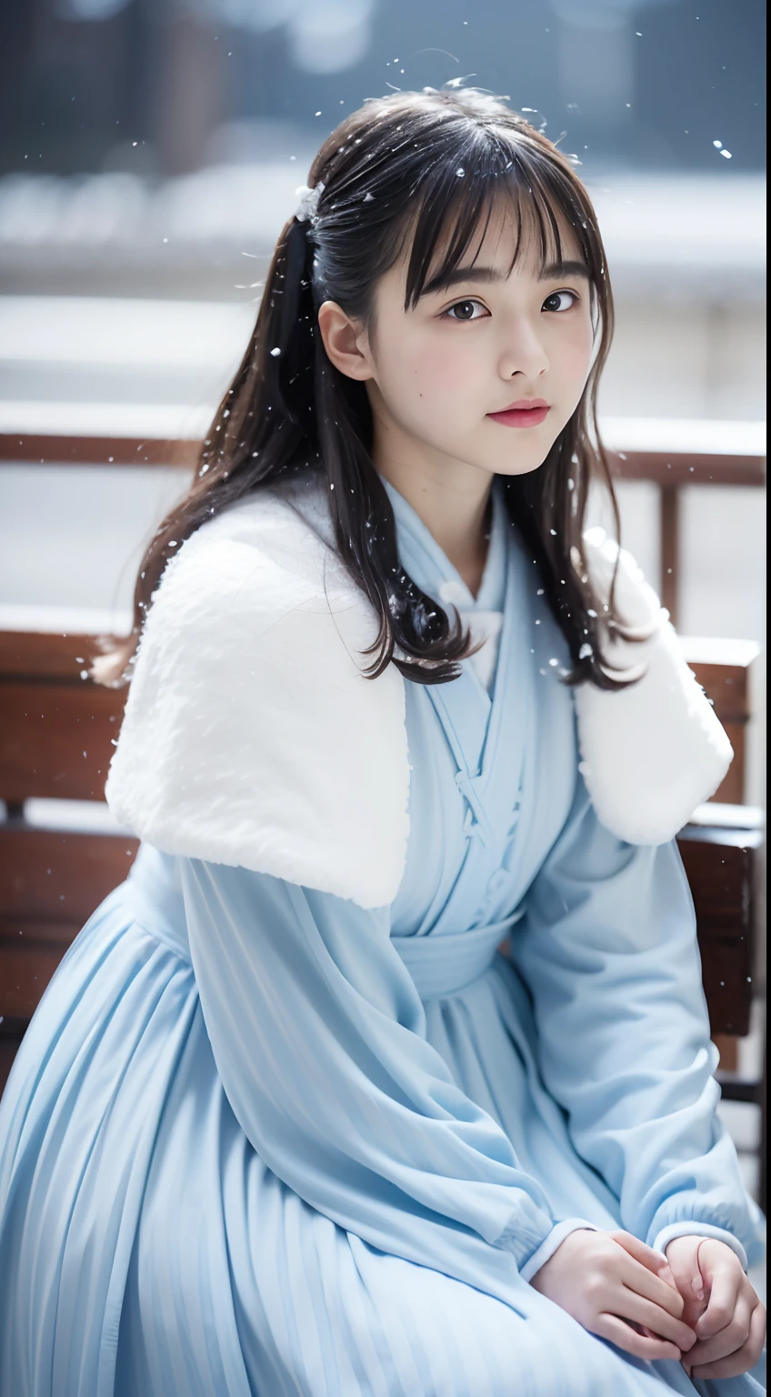 (8K, Best quality, Master, 超高分辨率:1.2) Beautiful photo of a 12 year old girl in Japan，ssmile， (melancholy winter snow:1.4)，(Beautiful vivid Lolita dress)，Big wind，(looking toward the viewer)，Squat and sit，Long hair，fur cape