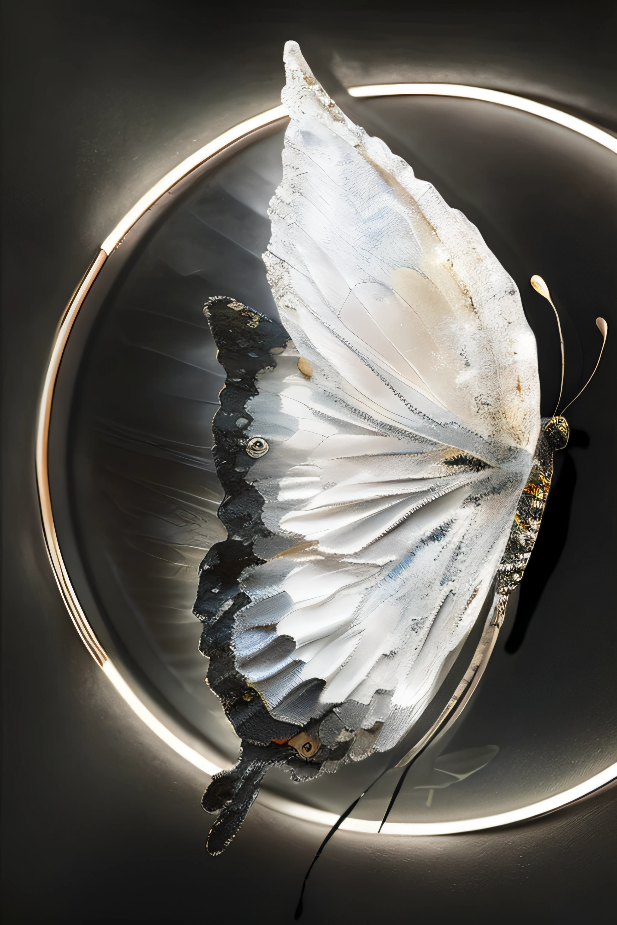 There is a butterfly in the dark, Textured butterflies, mind-blowing detail, Translucent wings, photo of a mechanical butterfly, Transparent wings, Butterfly, harmony of butterfly, wings made of glass, author：Anton Solomuka, big white glowing wings, Close portrait, fine art piece, author：John Michael Wright, Zhang Jingna