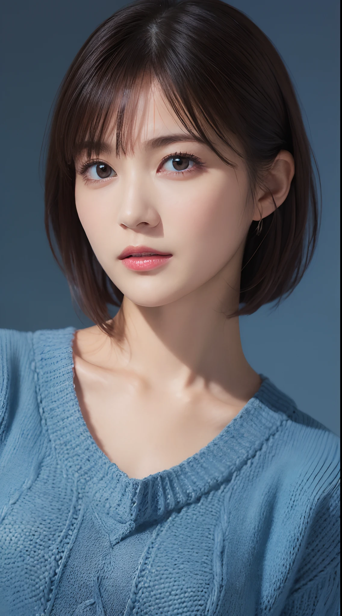 masutepiece, Best Quality, (1womanl), Ultra-detailed, finely detail, hight resolution, 8K picture quality, Perfect dynamic composition, Beautiful detailed eyes, Natural Lip, Dark blue knitted dress, extra very short hair, Abstract