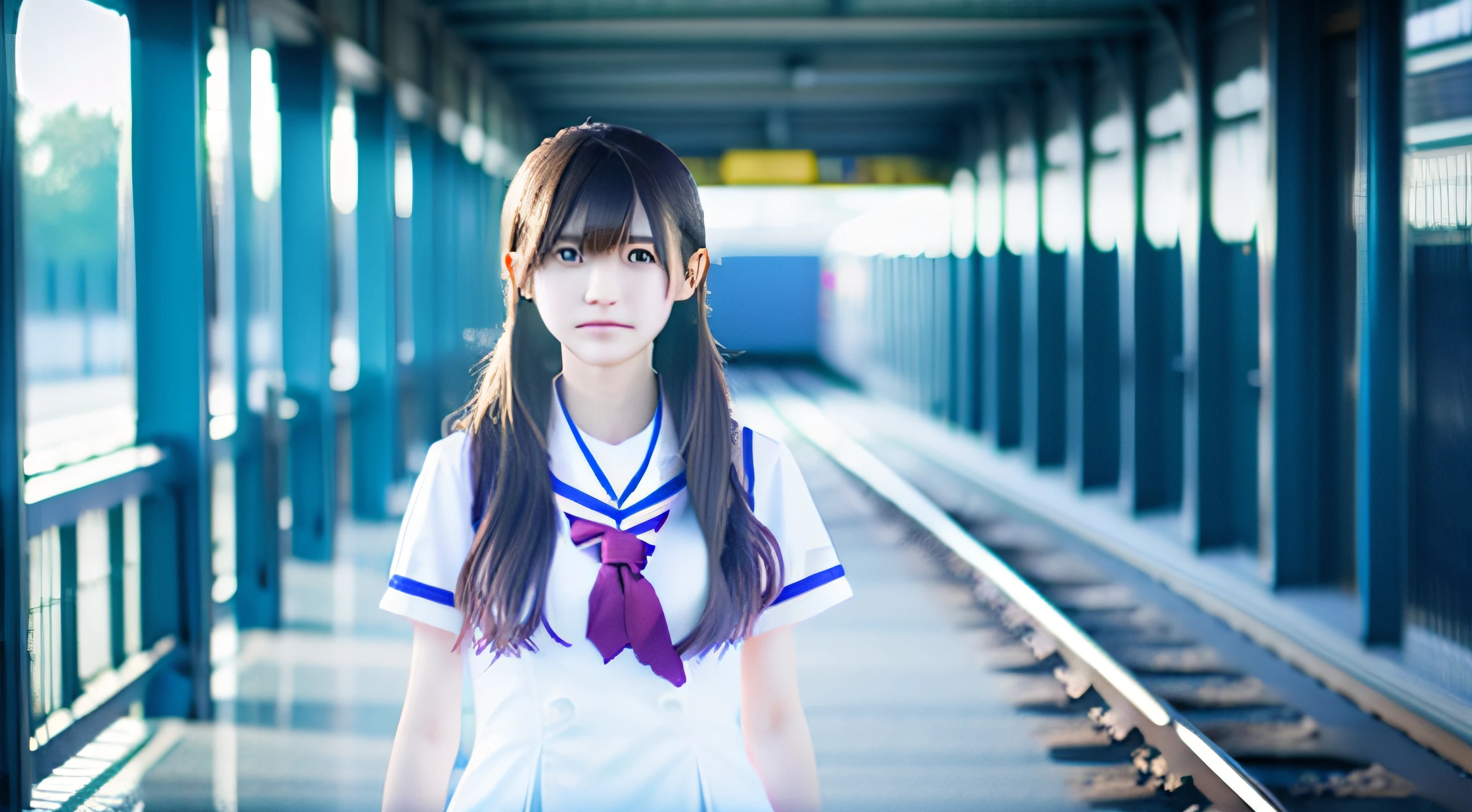 Long hair girl walking on train platform, Kantai Collection Style, railgun, konpeki no kantai, kantai collection arcade, kancolle, Shinkai Makoto style, Cute girl live-action visuals, , Beautiful High School Girl, 8k picture,