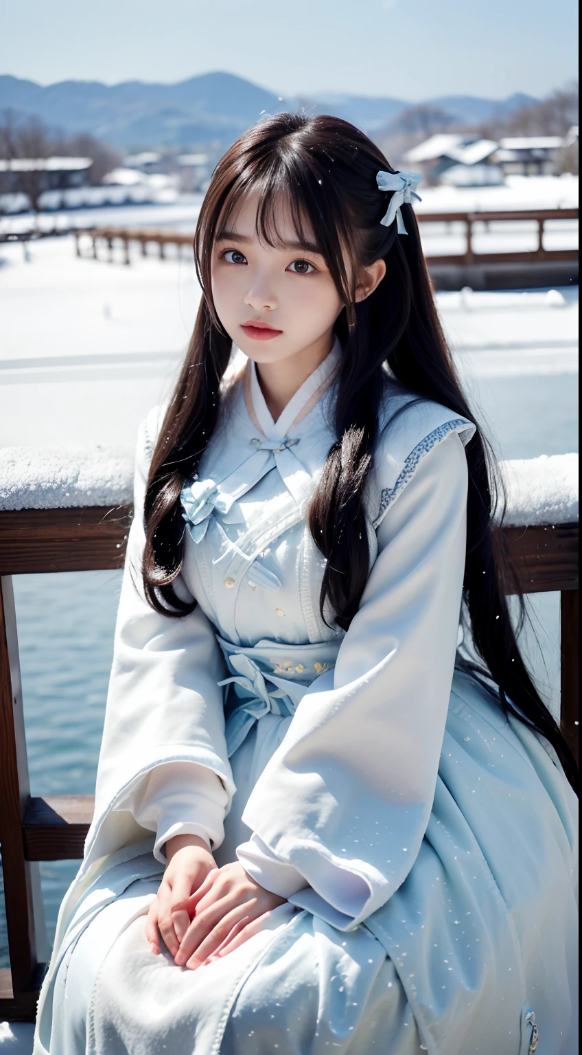 (8K, Best quality, Master, 超高分辨率:1.2) Beautiful photo of a girl in Japan,ssmile, (melancholy winter snow:1.4),(Beautiful vivid Lolita dress),Big wind,(looking toward the viewer),Squat and sit,Long hair,Fur cape
