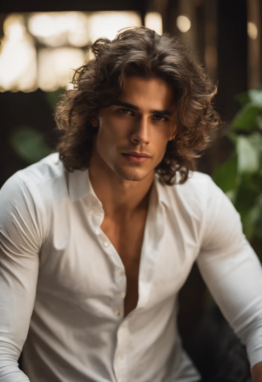 Homem branco, jovem de cabelo loiro claro, olhos claros sem camisa. Forte no quarto, com cama, janelas, na luz do dia. De costas.