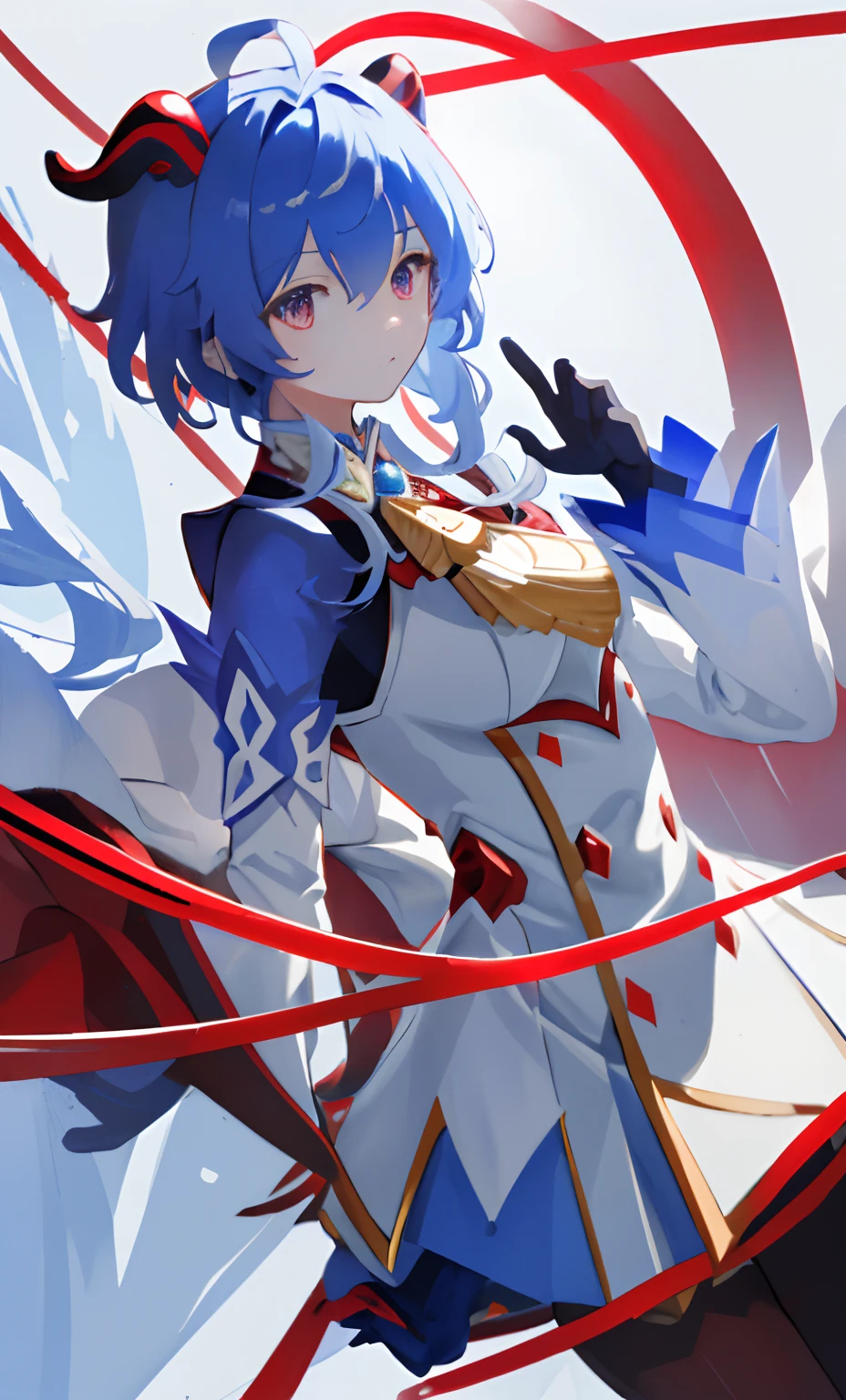 ((tmasterpiece,4k wallpaper,best qualtiy))ganyudef, Be red in the face, In the daytime, simple backgound, blue-sky, short detailed hair, Moody light,light blue hair,light particules,Blue Themes,Busty body,face expressionless,Brilliant,smooth thigh