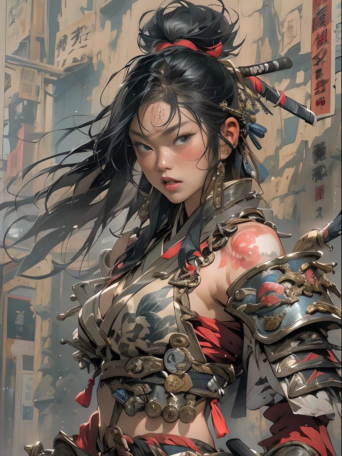 (((woman))), (((best qualityer))), (((tmasterpiece))), (((AS-Adult))), ((( Japanese ))), Look up from your knees, A beautiful asian samurai woman with perfect body, Modern samurai, ((( Asian))), Wear gloves on your hands,The left arm is made of steel and metal tips,Made of protective devices, The eyes are pulled, (( Appears below the breast )), (( Small dental floss )), Simon Bisley, Almost naked(Simon Bisley)Castle City Wilderness,For high-resolution posters, hair straight, Minimum clothing, armure (Crazy clothes ), Full of tips and rivets, tribal tattoos, (((full bodyesbian))), Straight brunette hair,Colored hair ends