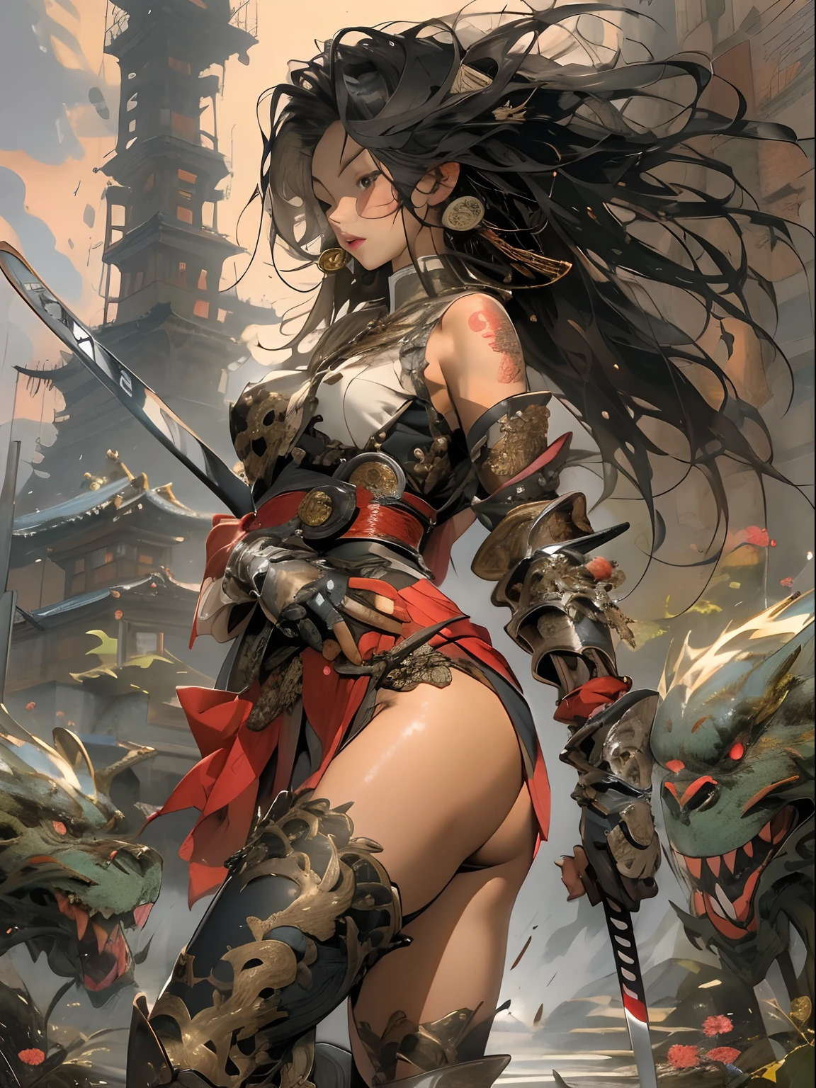 (((woman))), (((best qualityer))), (((tmasterpiece))), (((AS-Adult))), ((( Japanese ))), Look up from your knees, A beautiful asian samurai woman with perfect body, Modern samurai, ((( Asian))), Wear gloves on your hands,The left arm is made of steel and metal tips,Made of protective devices, The eyes are pulled, (( Appears below the breast )), (( Small dental floss )), Simon Bisley, Almost naked(Simon Bisley)Castle City Wilderness,For high-resolution posters, hair straight, Minimum clothing, armure (Crazy clothes ), Full of tips and rivets, tribal tattoos, (((full bodyesbian))), Straight brunette hair,Colored hair ends