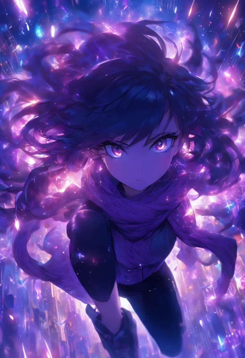 , 1 girl, black long hair, purple eyes, purple scarf, black sweater, black pants, magestic, purple particles, magical, cute girl, blush