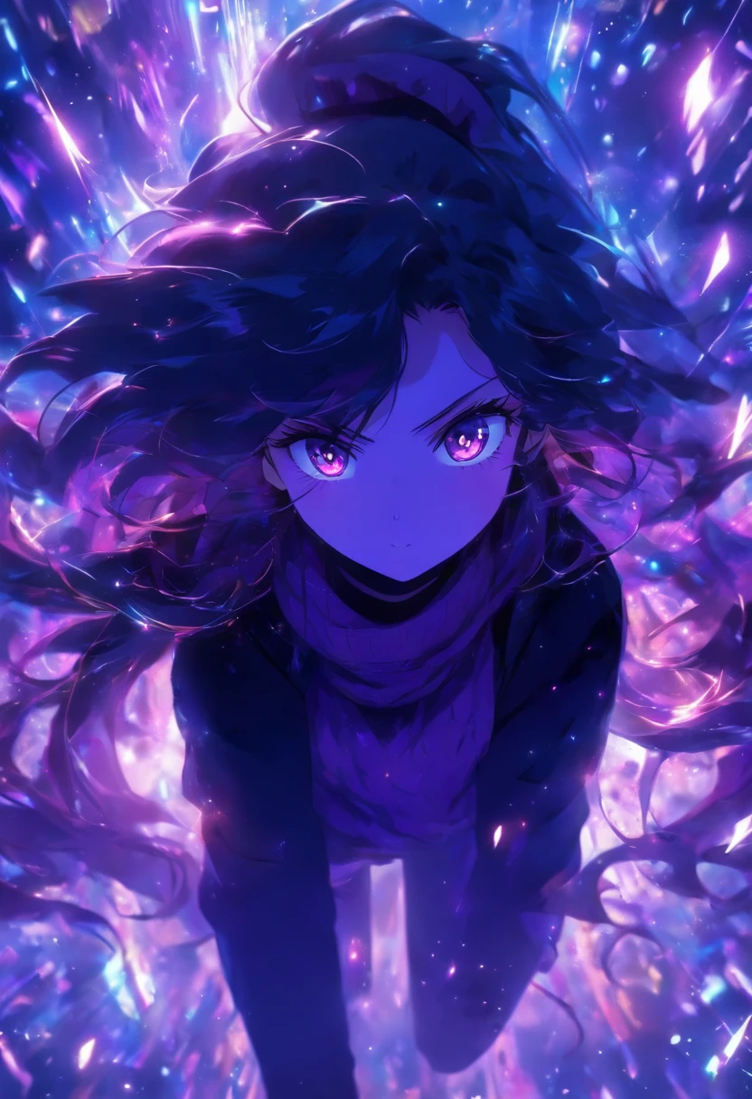 15 years old, 1 girl, black long hair, purple eyes, purple scarf, black sweater, black pants, magestic, purple particles, magical, cute girl, blush