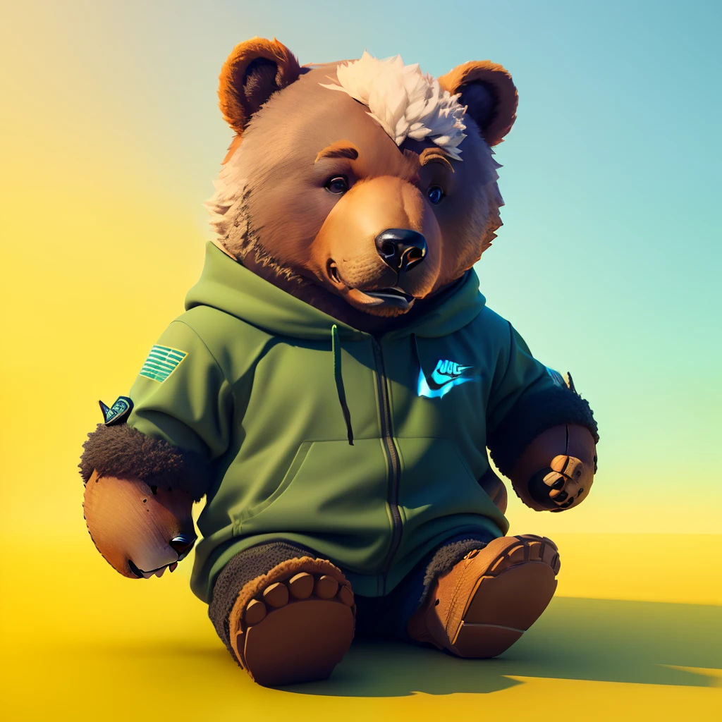 urso bonito render 3D altamente detalhado com traje da nike, Texturas altamente detalhadas, texturas suaves e suaves, gradiente de cor amarelo vermelho e verde no plano de fundo.