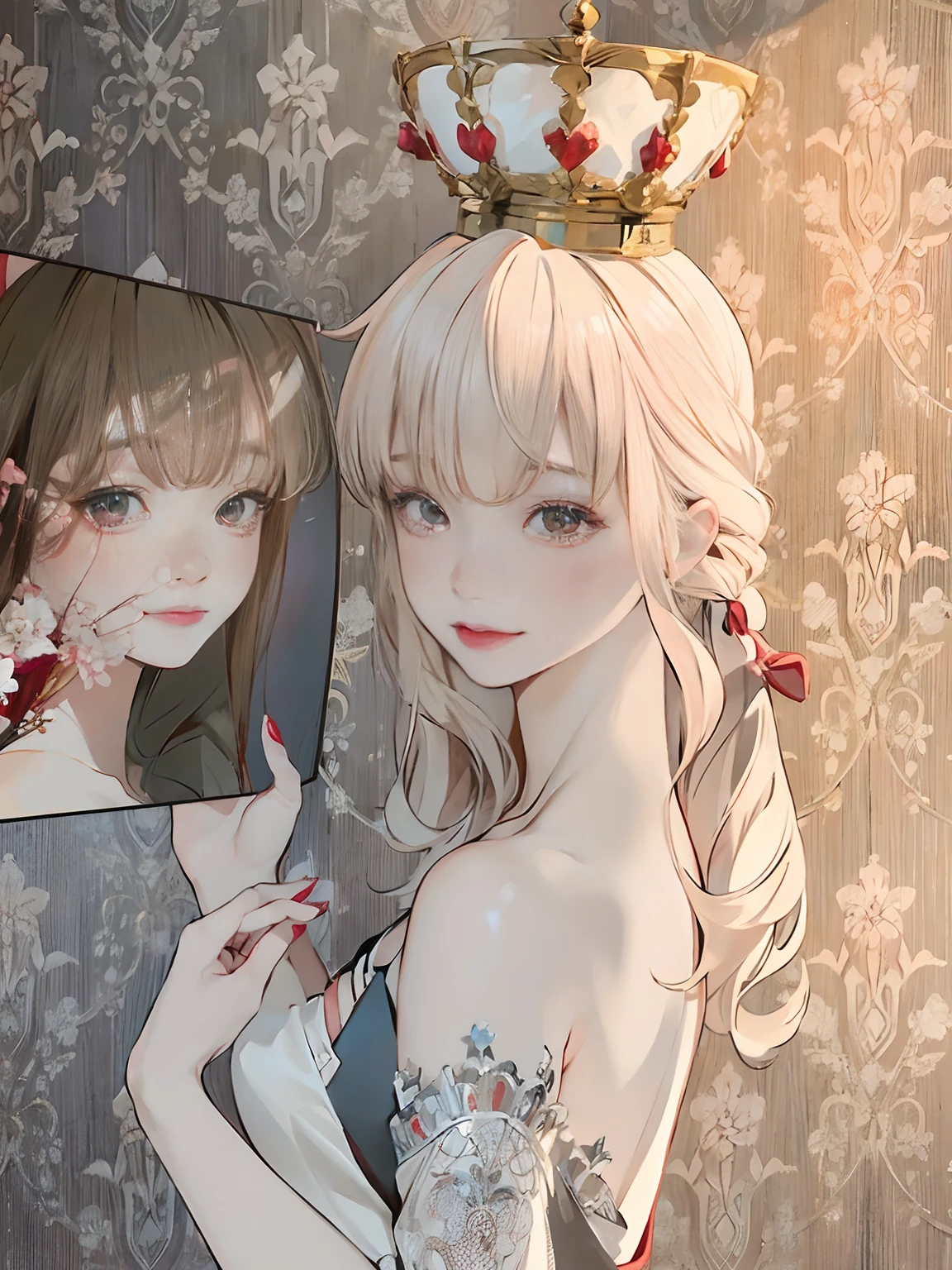 (tmasterpiece), hyoer realistic, one-girl,little breast,(Be red in the face),A pink-haired,Redlip,cleavage,(Off-the-shoulder attire:1.2),Bust photo,looks into camera,sportrait,ssmile,Gold clothes,Fighting posture,Japanese-style ancestral hall,large gate,SakuraNS,4k画质,The most beautiful face,White skin of the,Metallic clothing