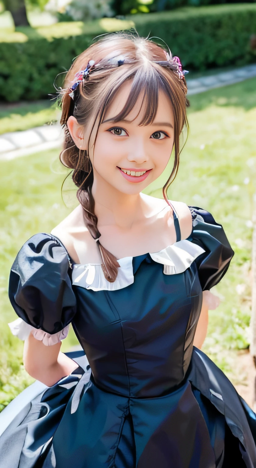 (ultra-detailliert), Cute princess dresses in black color,(frilly dress),(shortsleeves),Blue eyes,The upper part of the body、a closeup、faces、(A smile:1.5),(facing front:1.2), 20yr old, teens girl,no tail,(no tail),2D, ​masterpiece, top-quality, animesque, A detailed eye, A detailed face, girl with, Only 1 person,Brown Hair Medium Hair, (Brown hair),  Ear Hair, small tits, Single braid, (Single braid), (Side braid), Pink ribbon, Ribbon around the neck, (White sleeves), Background bokeh