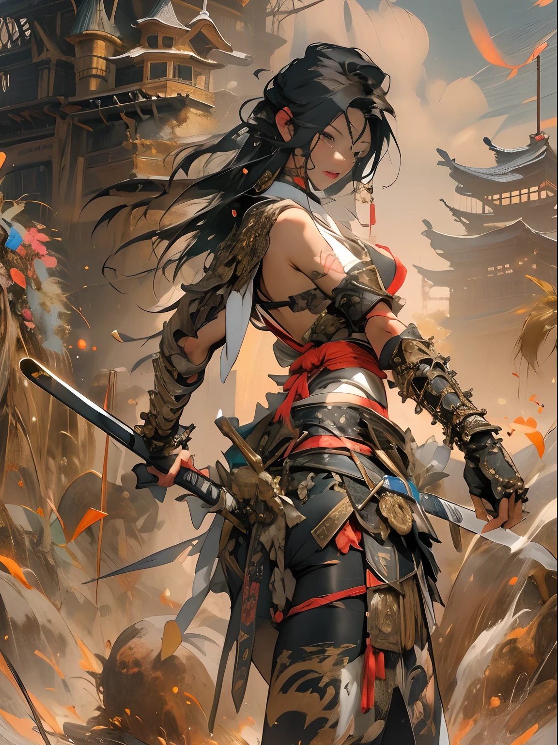 (((woman))), (((best qualityer))), (((tmasterpiece))), (((AS-Adult))), ((( Japanese ))), Look up from your knees, A beautiful asian samurai woman with perfect body, Modern samurai, ((( Asian))), Wear gloves on your hands,The left arm is made of steel and metal tips,Made of protective devices, The eyes are pulled, (( Appears below the breast )), (( Small dental floss )), Simon Bisley, Almost naked(Simon Bisley)Castle City Wilderness,For high-resolution posters, hair straight, Minimum clothing, armure (Crazy clothes ), Full of tips and rivets, tribal tattoos, (((full bodyesbian))), Straight brunette hair,Colored hair ends