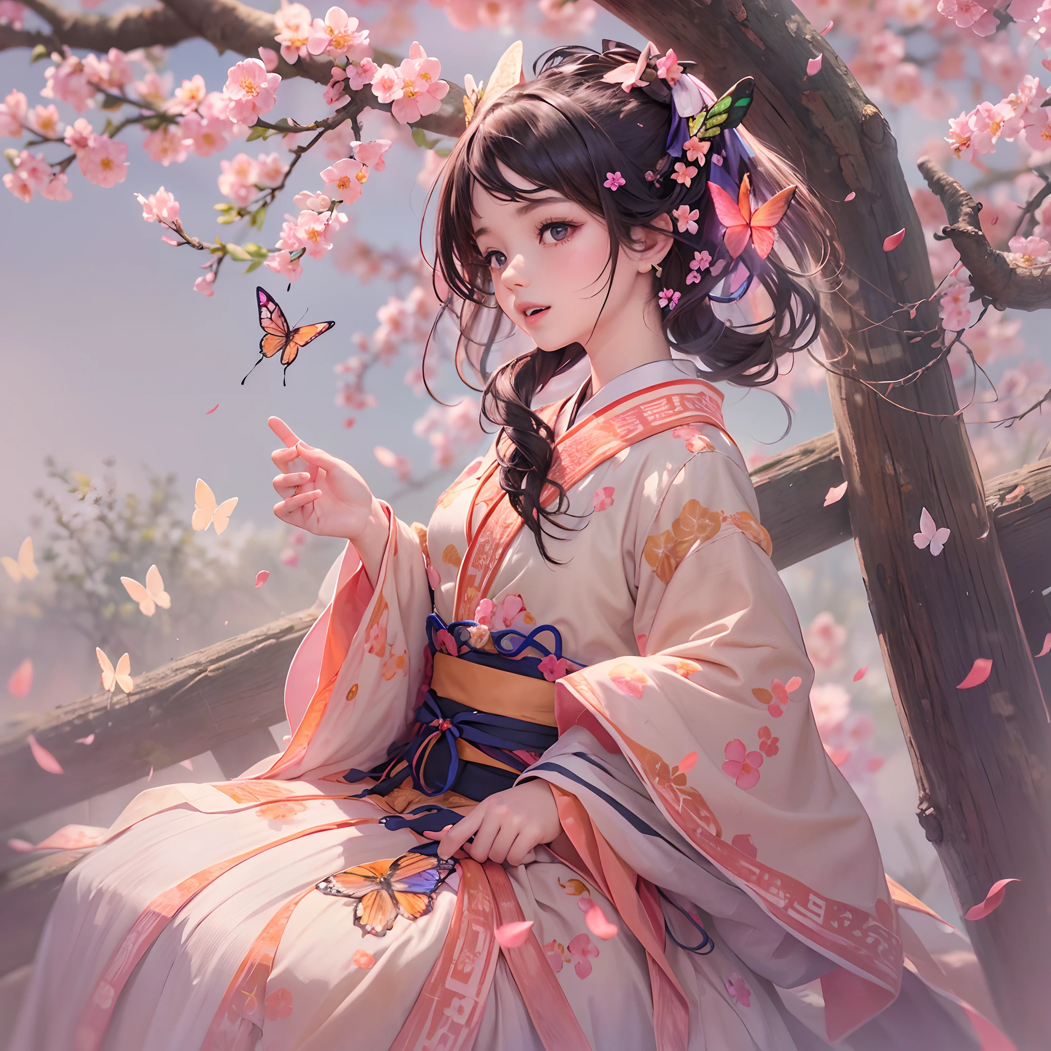 (In a garden full of peach blossoms),(Masterpiece peach blossom),Peach blossoms fall,a lovely kid gianatomy correct,wearing a hanfu,Delicate facial features,The skin is delicate and rosy,Black colored eyes,with short black hair,Tie your hair into a bun,happy laughing,earnest,(Look at a butterfly in the flower:1.4),(tmasterpiece,plethora of colors,Best quality,Cinematic lighting effects),A high resolution,high detal,(illustratio,3Drenderingof)