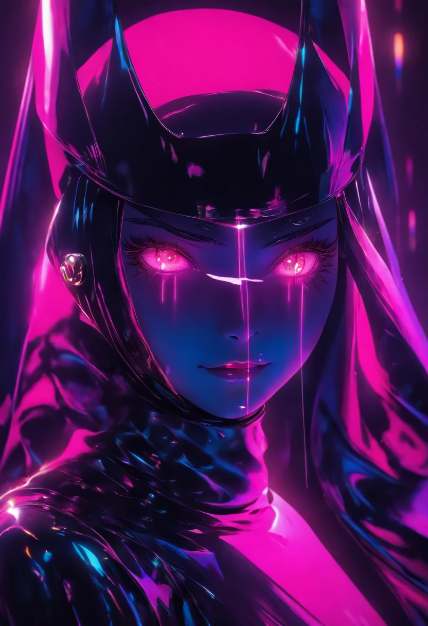 beautiful glass model, wearing futuristic nun headpiece and mask, minimalist design, glossy surface, beautiful shot, dark background, octanae render