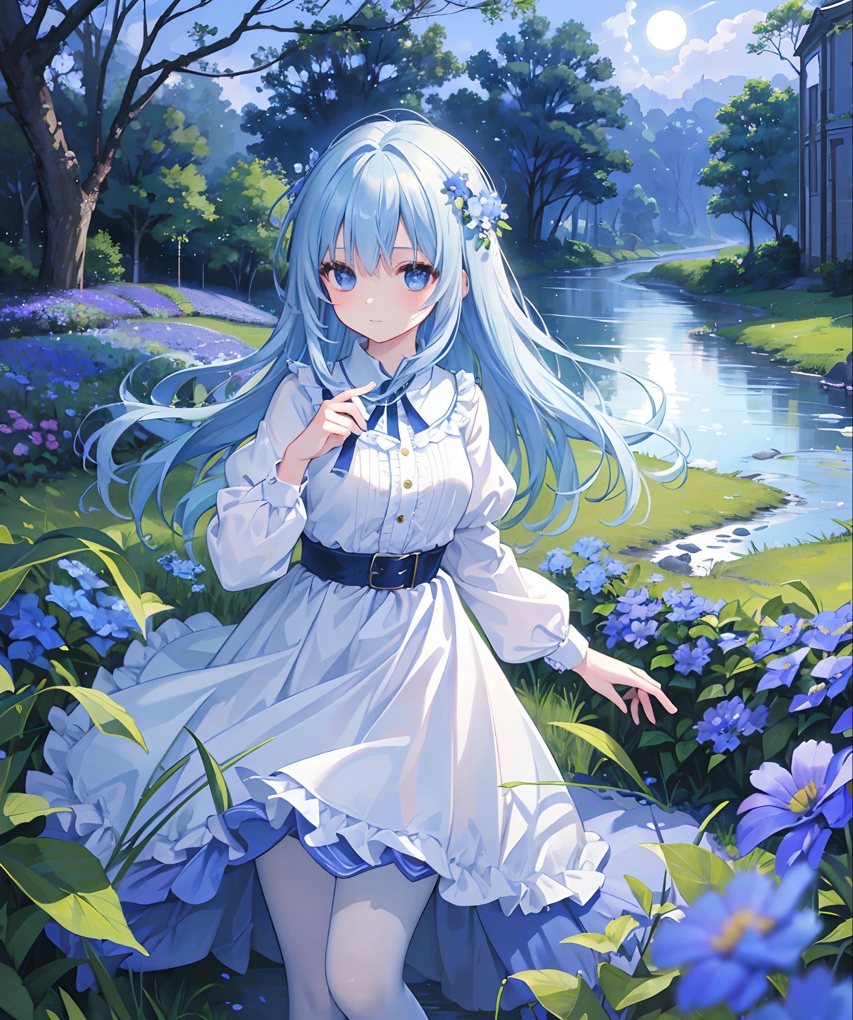(​masterpiece、top-quality)、Field of blue plants and flowers、light blue hair of medium length,、Warm moonlight、blurred foreground、river bank、Black eyes、frilld、Light Blue Alice Dress、white tights、garterbelts、Face Highlights