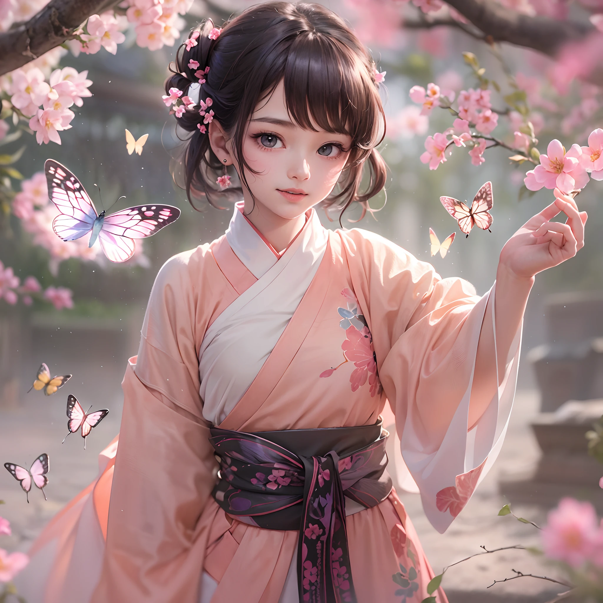 (In a garden full of peach blossoms),(Masterpiece peach blossom),Peach blossoms fall,a little lovely ??? girl,anatomy correct,wearing a hanfu,Delicate facial features,The skin is delicate and rosy,Black colored eyes,with short black hair,Tie your hair into a bun,happy laughing,earnest,(Look at a butterfly in the flower:1.4),(tmasterpiece,plethora of colors,Best quality,Cinematic lighting effects),A high resolution,high detal,(illustratio,3Drenderingof)