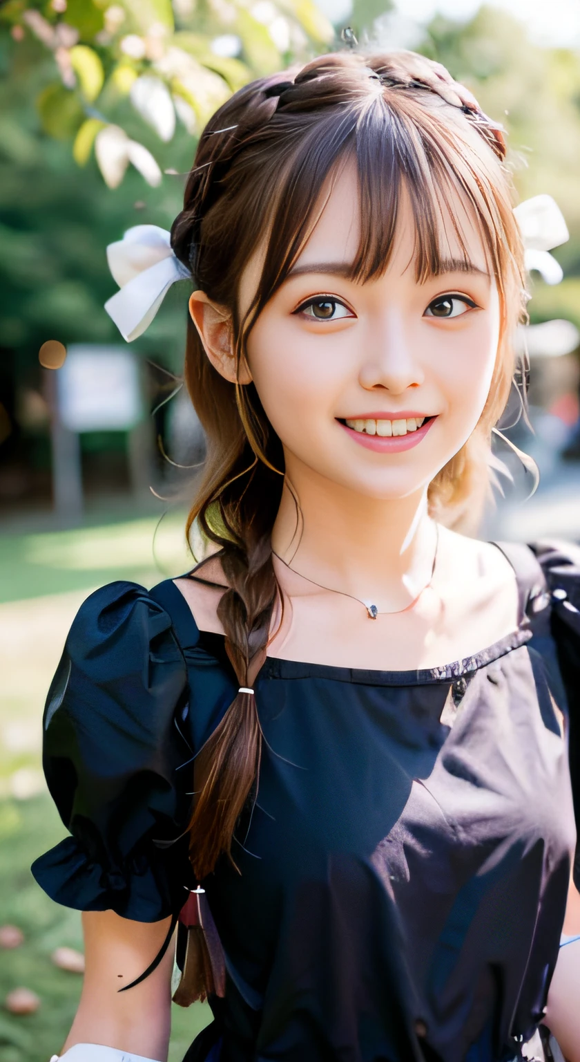 (ultra-detailliert), Cute princess dresses in black color,(frilly dress),(shortsleeves),Blue eyes,The upper part of the body、a closeup、faces、(A smile:1.5),(facing front:1.2), 20yr old, teens girl,no tail,(no tail),2D, ​masterpiece, top-quality, animesque, A detailed eye, A detailed face, girl with, Only 1 person,Brown Hair Medium Hair, (Brown hair),  Ear Hair, small tits, Single braid, (Single braid), (Side braid), Pink ribbon, Ribbon around the neck, (White sleeves), Background bokeh