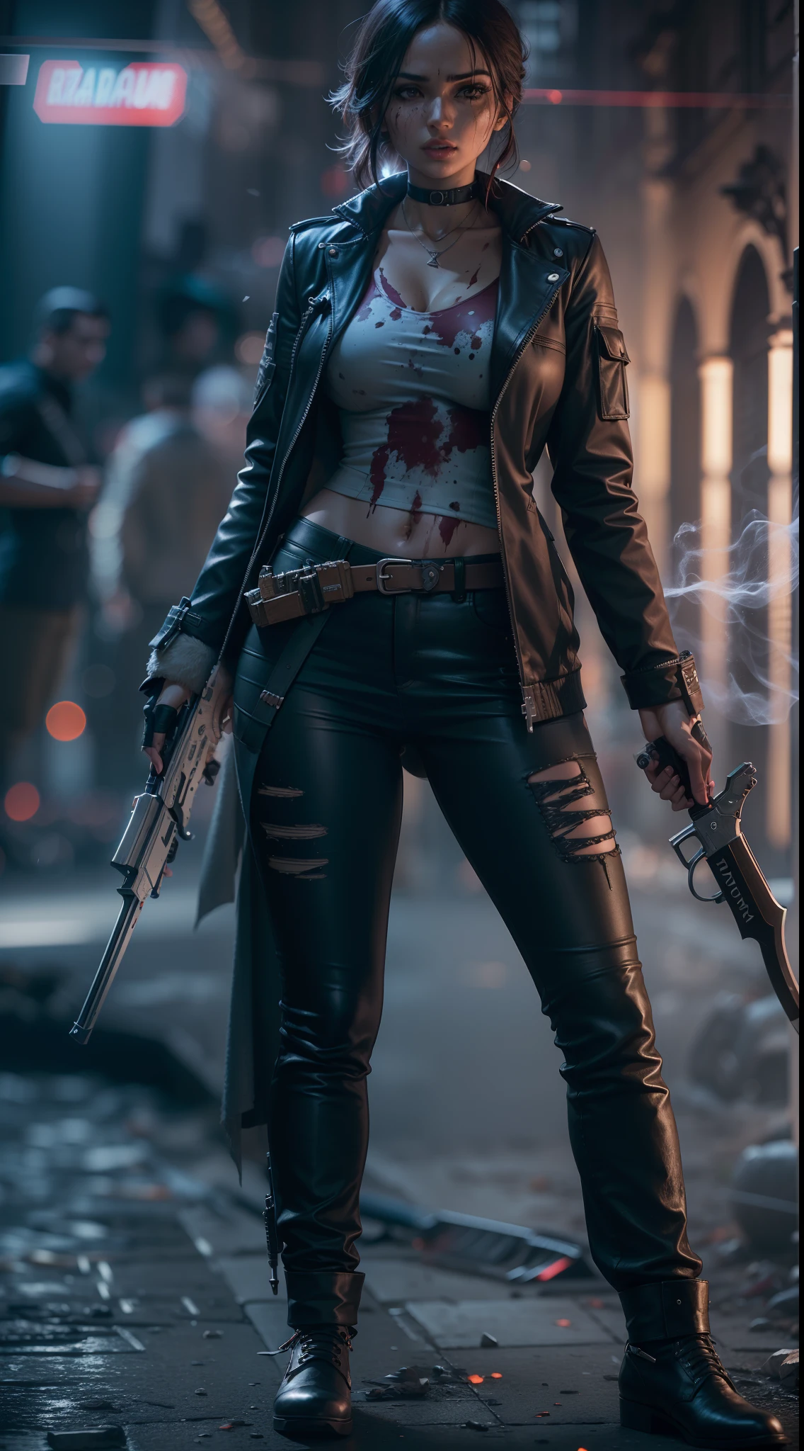 1assassina mulher com (espada) and 1st man with (Pistola de atirador AWM), In exciting Bokeh mission background, Cidade Matriz, ((Ultra detailed texture HDR UHD graphics Sony Alpha A7)), (Rosto detalhado) Film lighting effects combination of two colorsrich night colors, blood splatters smoke around them, 8k.
