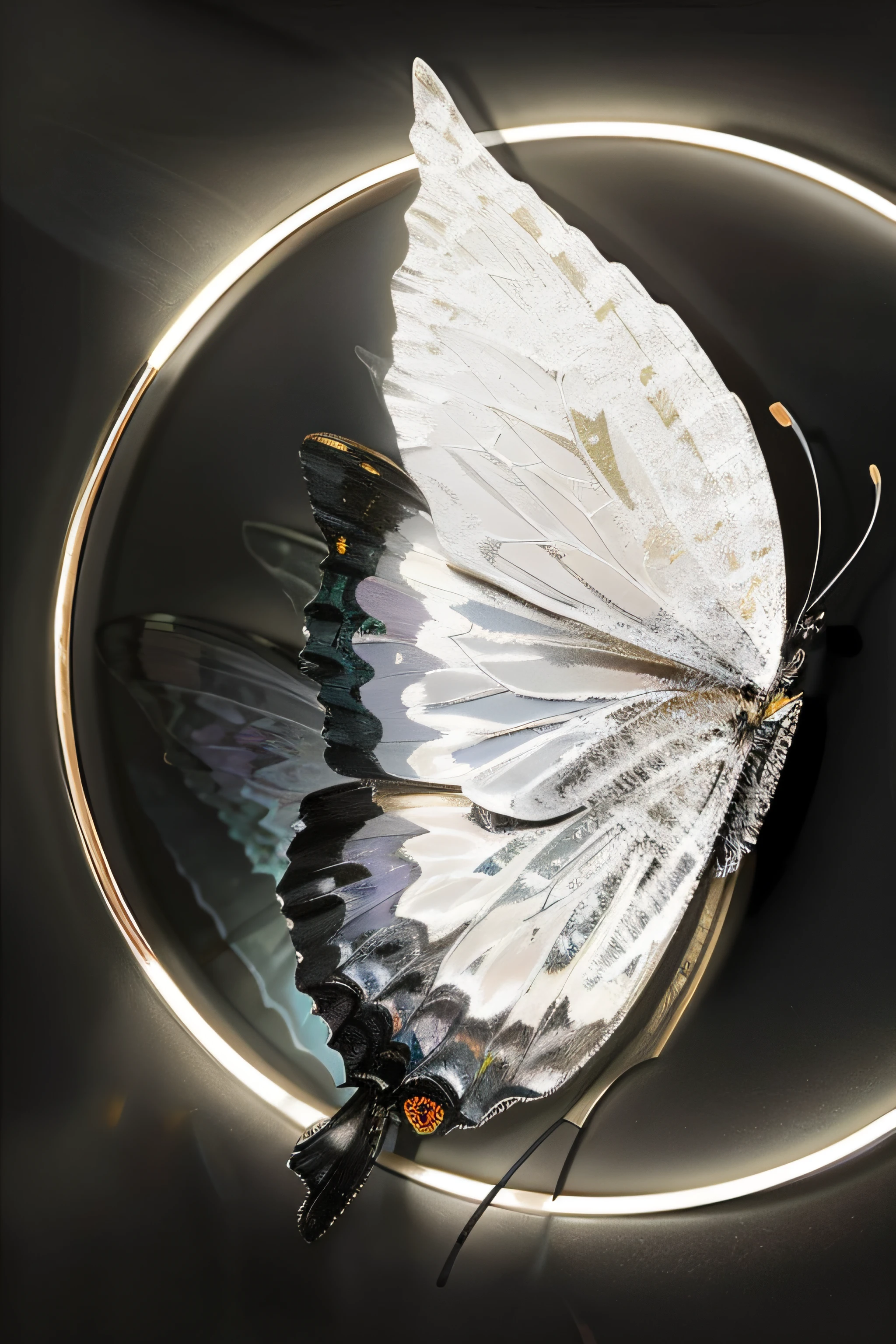 There is a butterfly in the dark, Texture butterfly, Oil painting butterfly, mind-blowing detail, Translucent wings, photo of a mechanical butterfly, Butterfly, Transparent wings, harmony of butterfly, wings made of glass, author:Anton Solomuka, big white glowing wings, Close portrait, fine art piece, author:John Michael Wright, Zhang Jingna