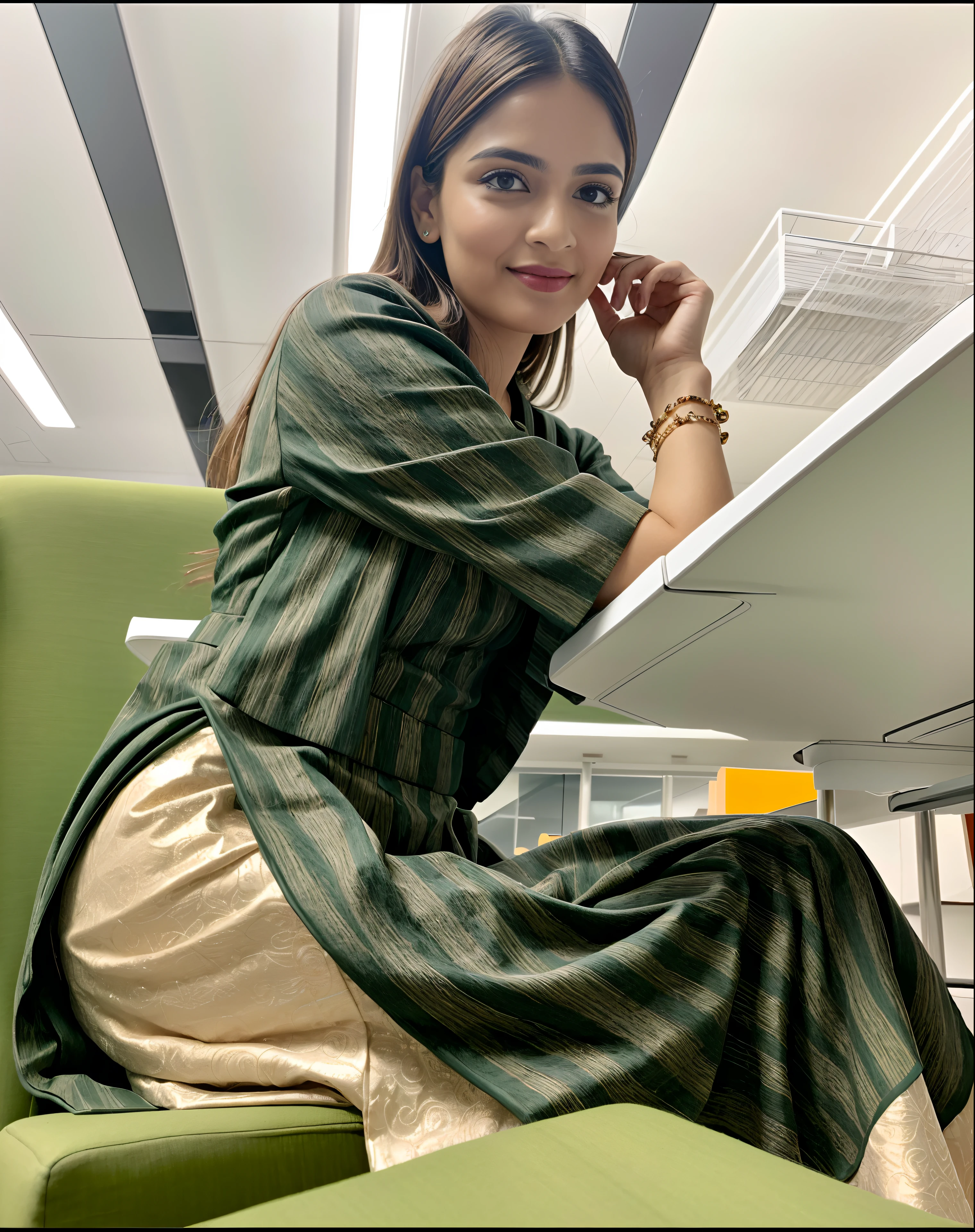 there is a woman sitting on a green chair in a room, wearing bihu dress mekhela sador, candid picture, wearing an elegant tribal outfit, candid photo, in office, sitting in office, with lovely look, elegant pose, candid photograph, doing an elegant pose, in an office, traditional dress, dressed in long fluent skirt, stylish pose