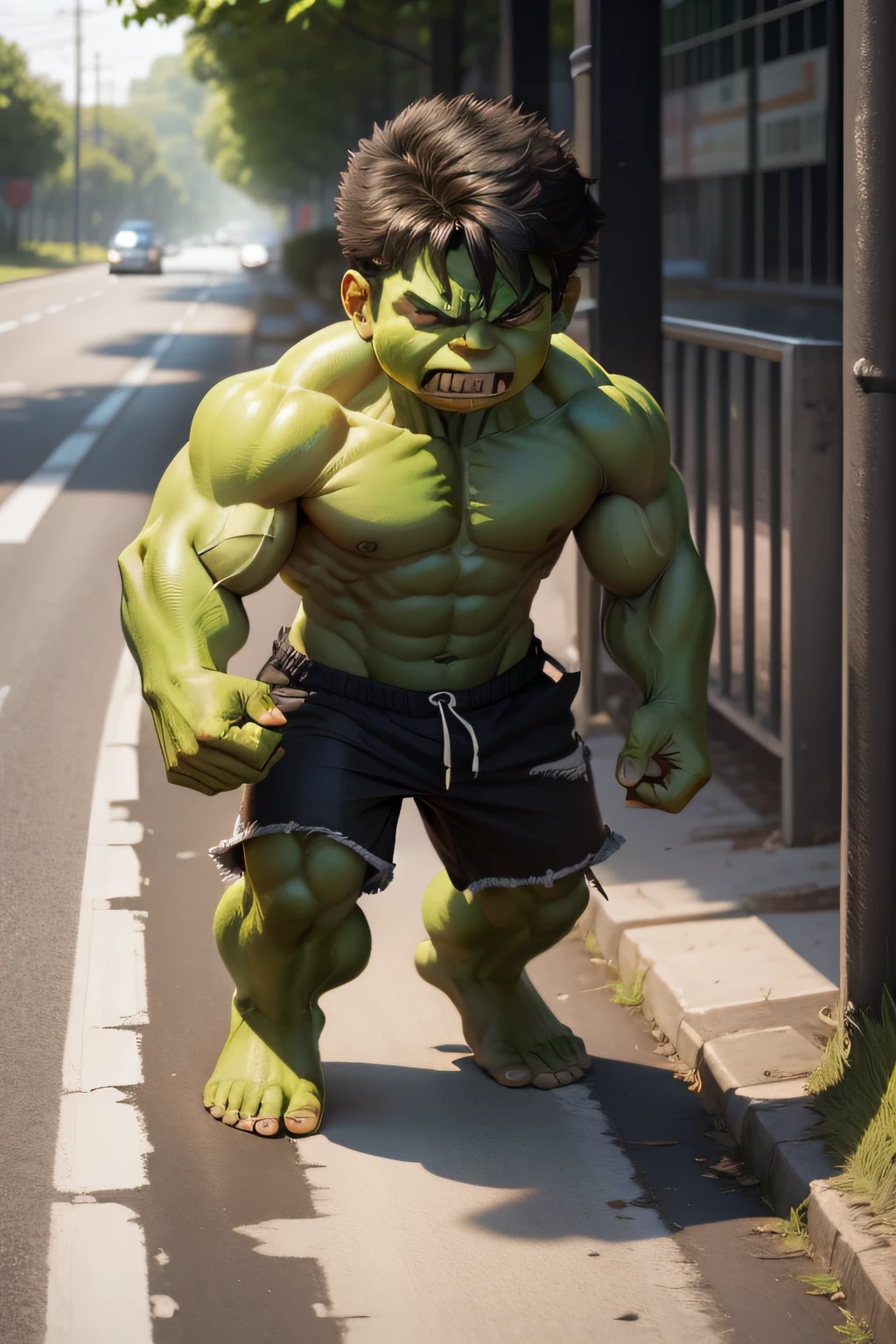 child hulk walk in road side