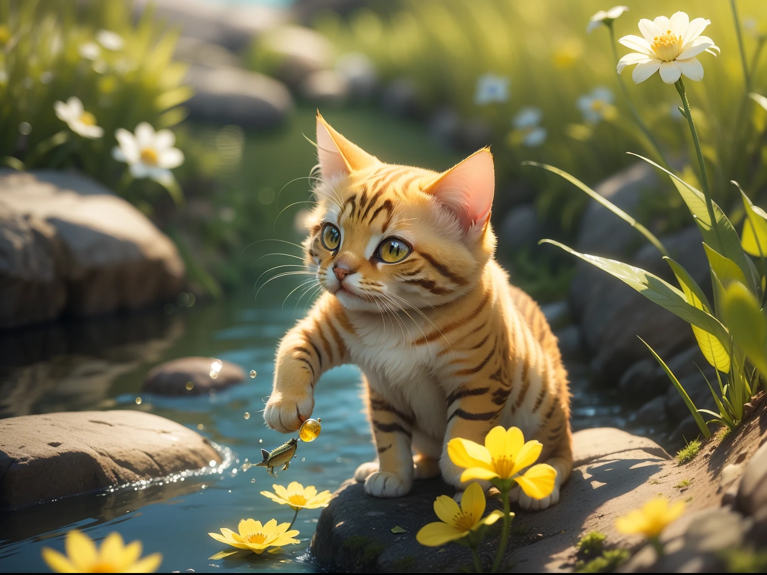 Little yellow cat catching fish by the river, There are small flowers by the river, steins, Blue sky. and the sun was shining brightly, the detail， 4K， k hd， high high quality.