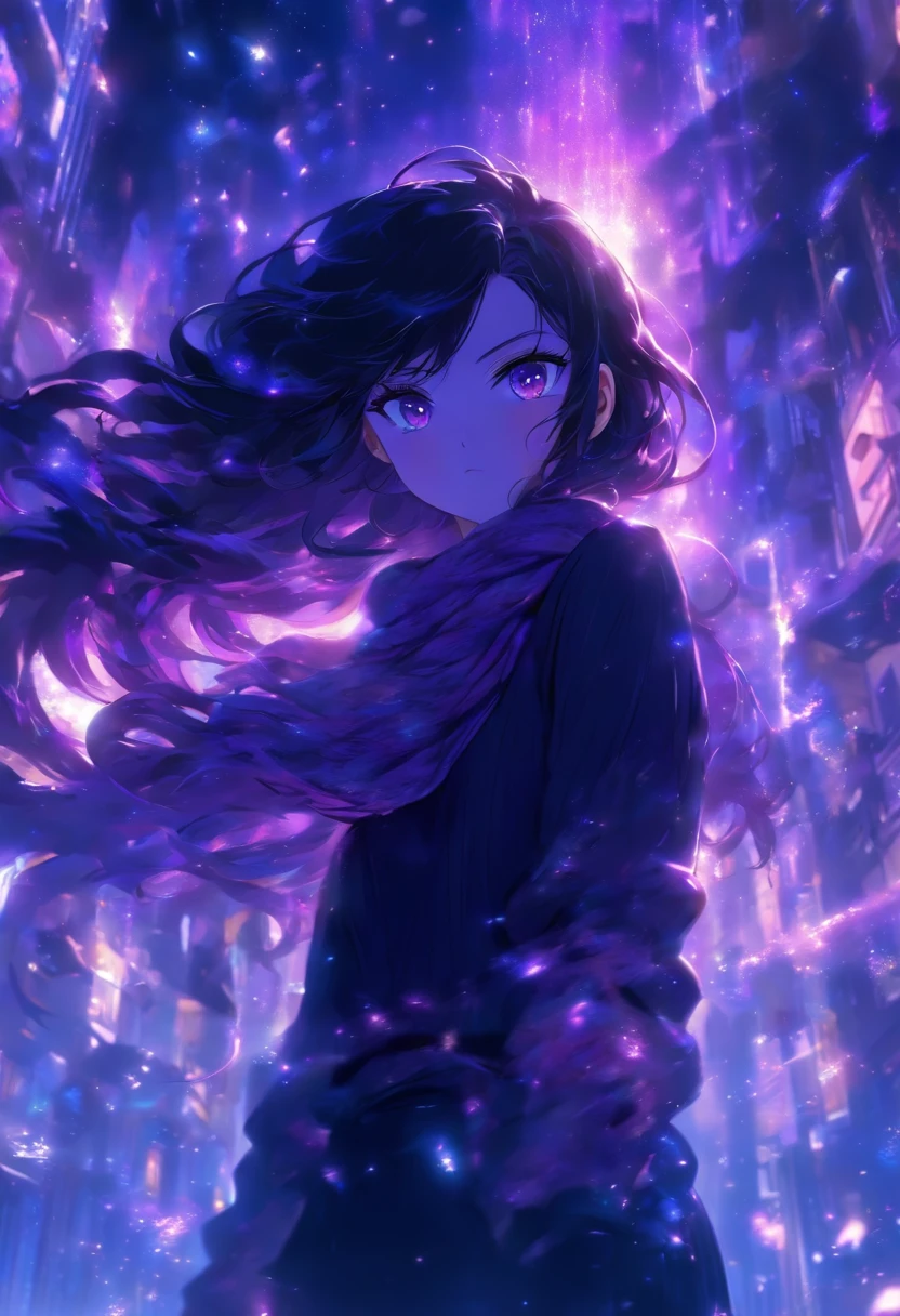 15 years old, 1 girl, black long hair, purple eyes, purple scarf, black sweater, black pants, magestic, purple particles, magical, cute girl, blush, standing, distracted face, breathtaking beauty of a nature background