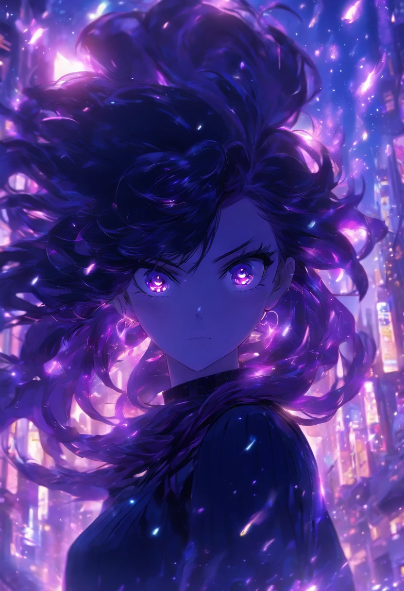 , 1 girl, black long hair, purple eyes, purple scarf, black sweater, black pants, magestic, purple particles, magical, cute girl, blush, standing, distracted face, breathtaking beauty of a nature background
