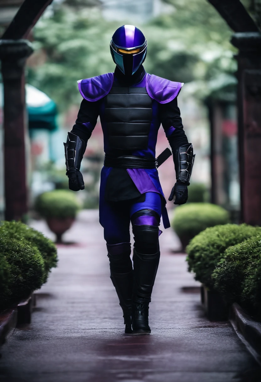 crie um ninja estilo mortal kombat com um capacete de moto roxo fechado com visor escuro. Appear the whole body in an action pose. Fazer mais de um modelo com o mesmo personagem.