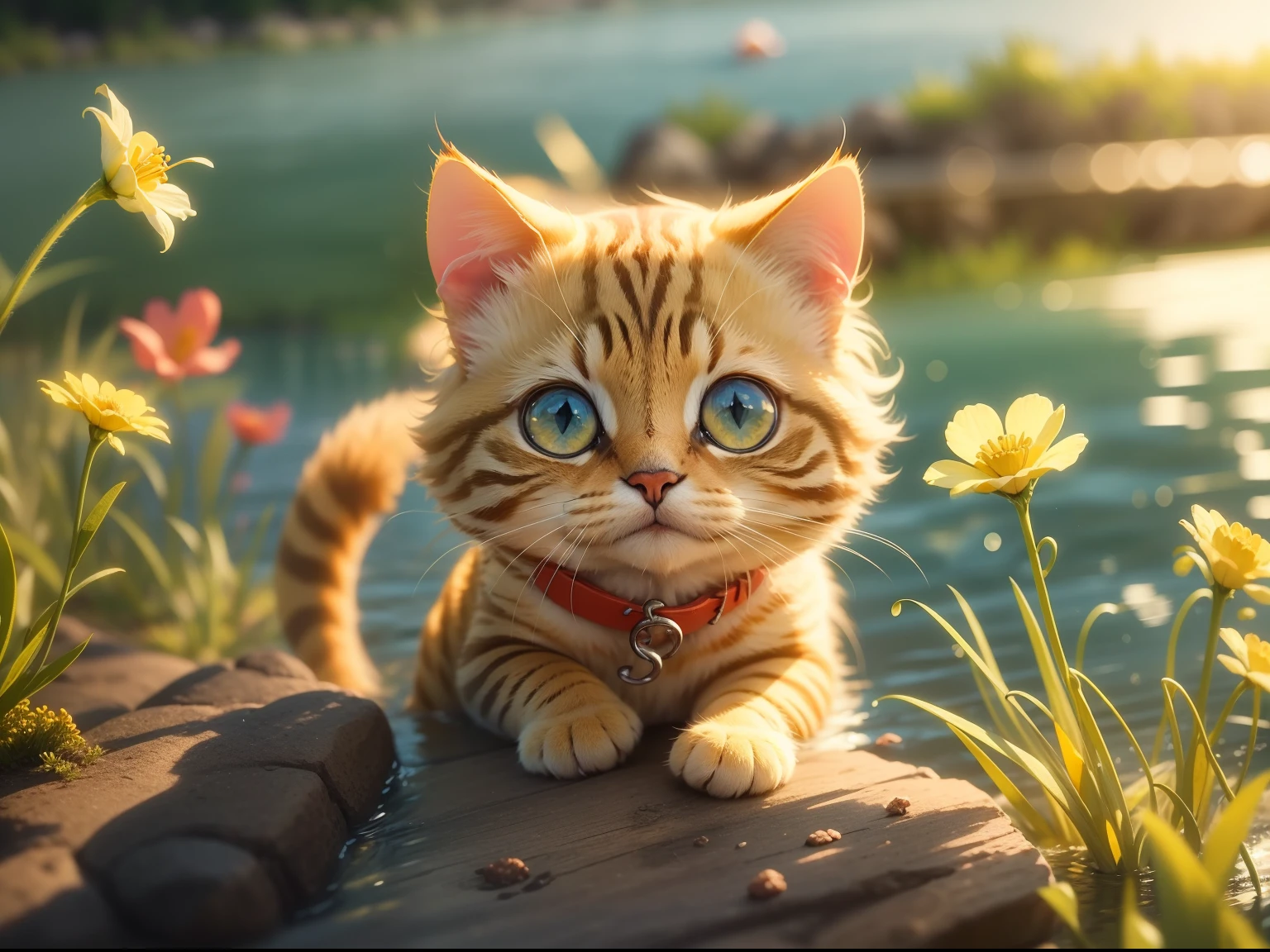 Little yellow cat catching fish by the river, There are small flowers by the river, steins, Blue sky. and the sun was shining brightly, the detail, 4K, k hd, high high quality.