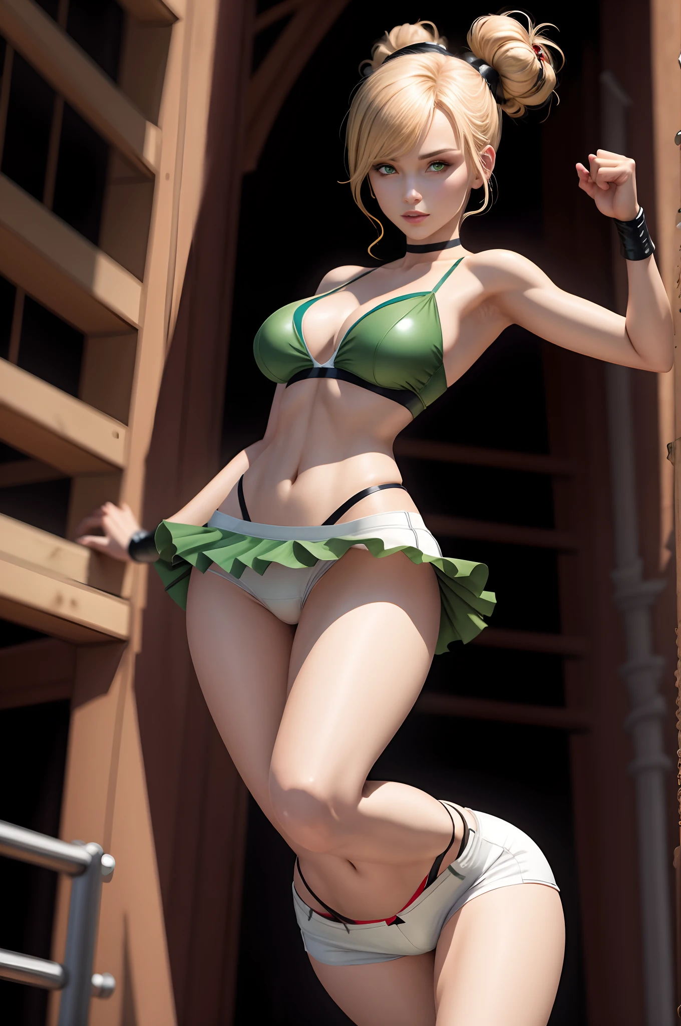 masterpiece, top-quality, realisitic, a picture, White shorts、Highkick、Panchira、Beautiful panties、photorealisim, ultra-detailliert, Beautiful camel toe、Leather miniskirt、White panty、Beautiful navel、Beautiful arms、poneyTail、a choker、highleg bikini、Spider-Man Pose Crouch、Open legs,The costume is divided into upper and lower、A sexy、Green Stock、perfect bodies, A detailed eye, beautiful a girl, (Gwen Stacy), spiderwoman, spider costume, pose for photo