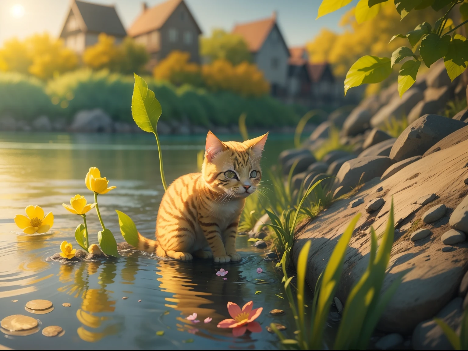 Little yellow cat catching fish by the river, There are small flowers by the river, steins, Blue sky. and the sun was shining brightly, the detail, 4K, k hd, high high quality.