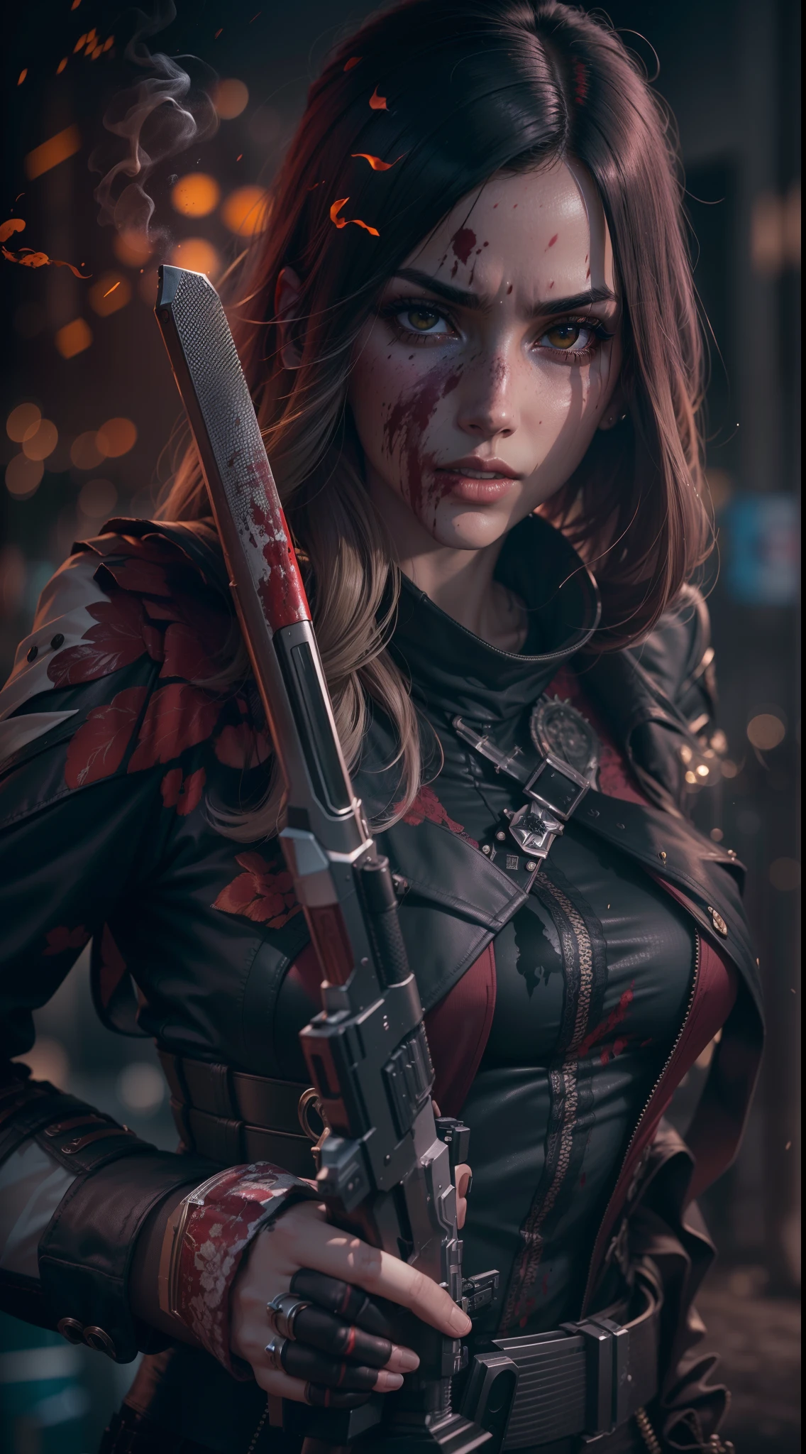 1assassina mulher com (espada) and 1st man with (Pistola de atirador AWM), In exciting Bokeh mission background, Cidade Matriz, ((Ultra detailed texture HDR UHD graphics Sony Alpha A7)), (Rosto detalhado) Film lighting effects combination of two colorsrich night colors, blood splatters smoke around them, 8k.