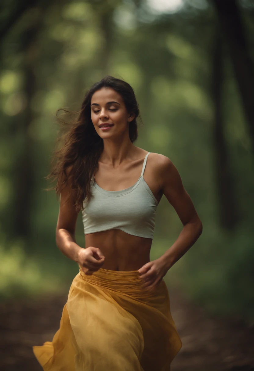 High resolution, (Official art, Beautiful and aesthetic: 1.2), Close View, Vast world, girl, Running, Refreshing smile, Long skirt, Distant horizon, forest, natural beauty, inspiration, light effect ,barechested,