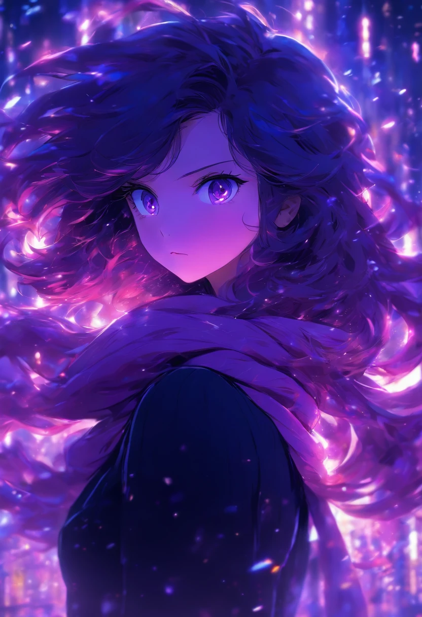 15 years old, 1 girl, black long hair, purple eyes, purple scarf, black sweater, black pants, magestic, purple particles, minimalist, cute girl, blush, standing, distracted face, breathtaking beauty of a nature background, ((no frowning)), beautiful hair,