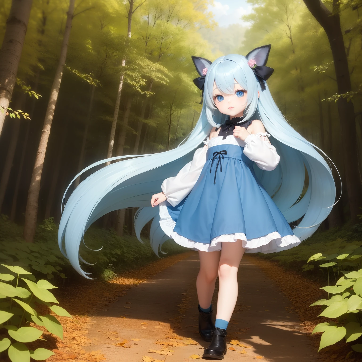 Cute and puppy Light blue long hair、Black eyes、Large in the center Stroll through the forest of autumn leaves Fairy tale background Fantasia