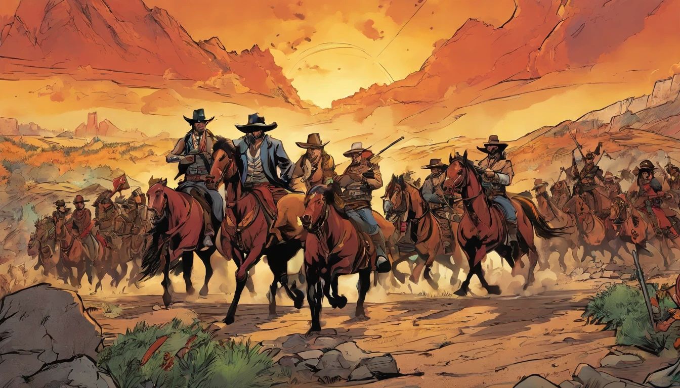 Flames are burning in the background of a group of men in Wild West costumes, movie action scene, still from a live action movie, live action movie scene, VFX action shot, VFX shot, still from a fantasy movie, an epic cowboy battle scene, dramatic cinematic action shot,  Awesome VFX, background: battle scene, epic battle scene, epic battle scene