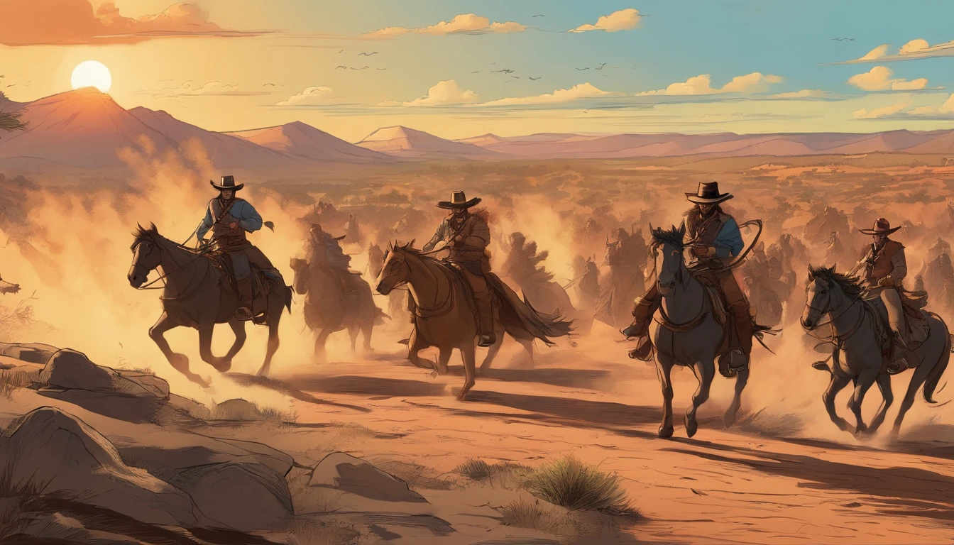 Flames are burning in the background of a group of men in Wild West costumes, movie action scene, still from a live action movie, live action movie scene, VFX action shot, VFX shot, still from a fantasy movie, an epic cowboy battle scene, dramatic cinematic action shot,  Awesome VFX, background: battle scene, epic battle scene, epic battle scene