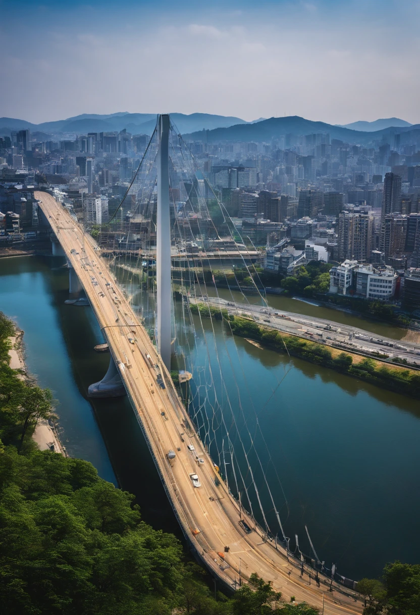 daytime view of a city with a bridge and a river, seoul, daytime , day view, professional, city in background, day shot, full image, version 3, city view, print ready, image, detailed image, scenic view at noon, photo taken at noon