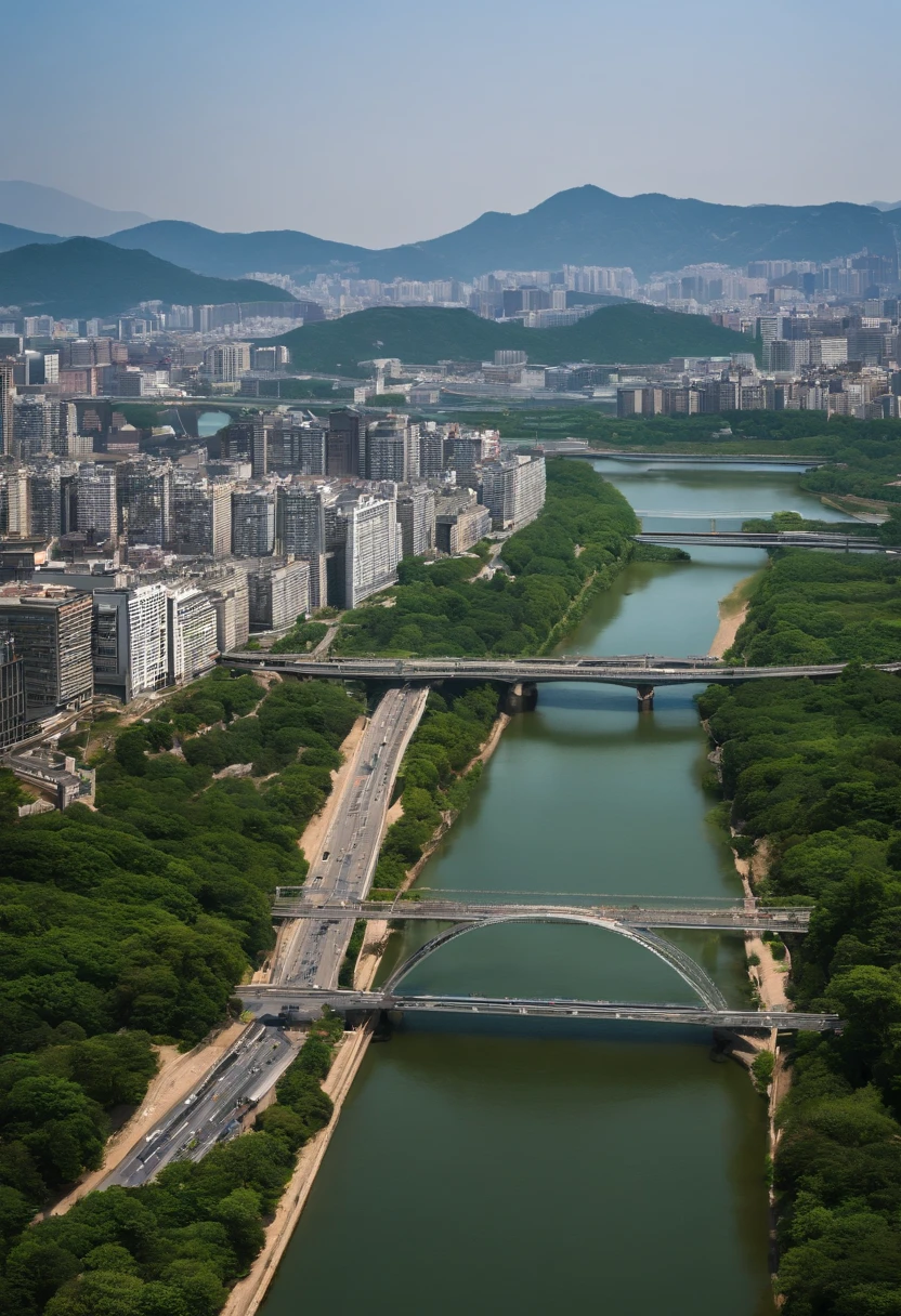 daytime view of a city with a bridge and a river, seoul, daytime , day view, professional, city in background, day shot, full image, version 3, city view, print ready, image, detailed image, scenic view at noon, photo taken at noon