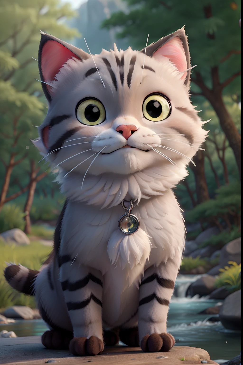 Cat of gray color and black stripe in the furs, Smart, smiling, strong-bodied, Bright and intelligent eyes, determined and courageous, Confident look and affectionate, friendly and strong smile in the middle of the forest and stream in the background, trees and plants with sparkling sparkles