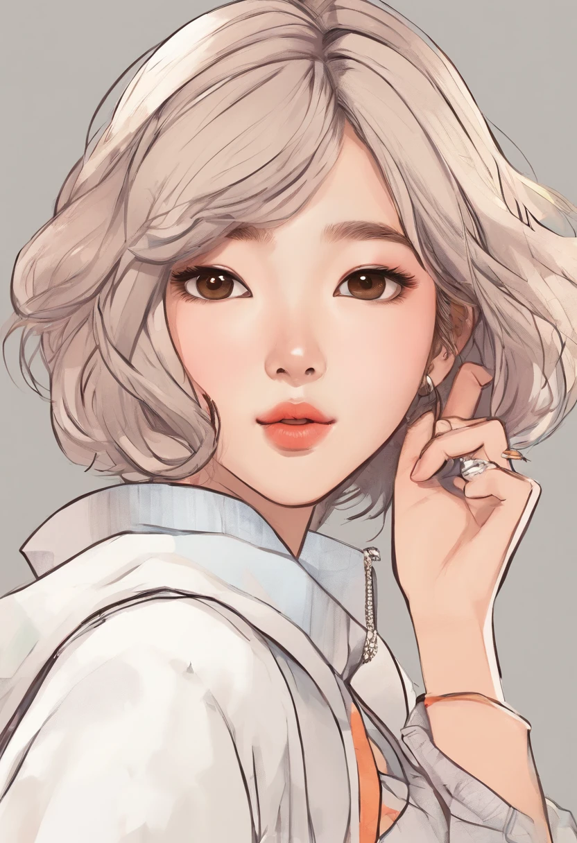 Super pretty 20 year old korean girl with short hair,Right eye wink, Cartoon style illustration, Cartoon Art Style, Cartoon Art Style, Digital illustration style, Highly detailed character design, cute detailed digital art, beautiful digital illustration, high quality portrait, Comic art, Asia, Character Design Portrait, White background