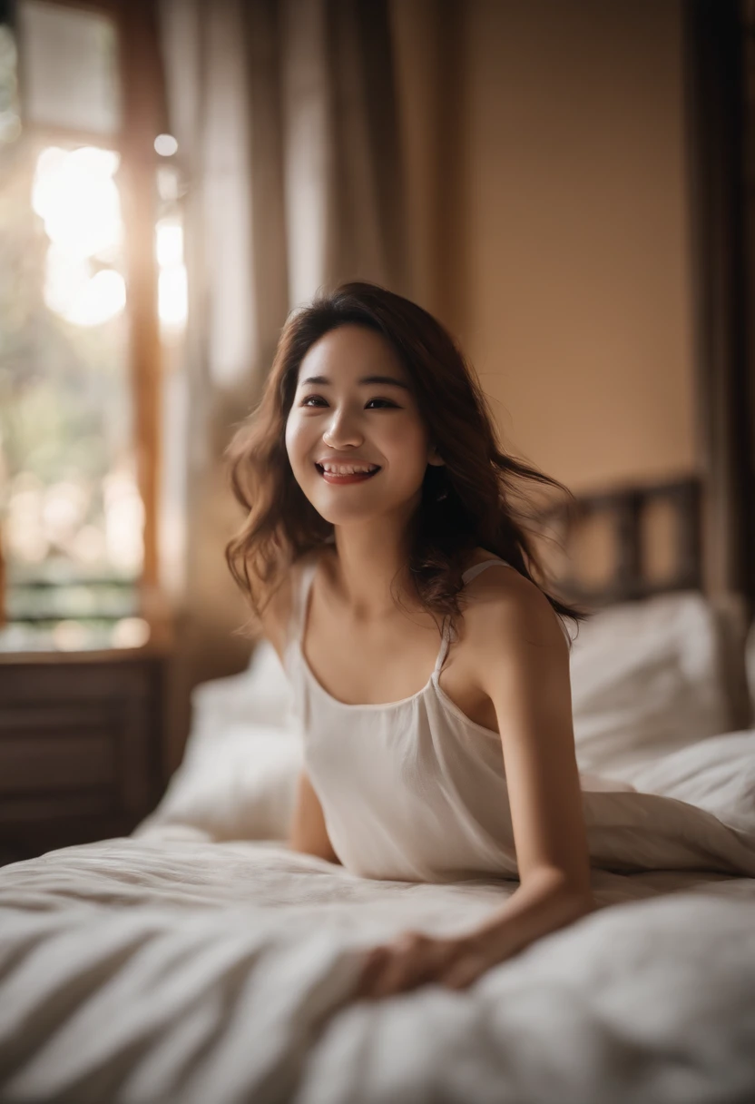 Prompt
candid shot , looking at viewer, Girl , with long dark straight hair, wearing white cleavage off-shoulder sweater, on a bed in a sunlit bedroom , studio light filters , creates a clean, minimalist look, relaxing, happy , sunlight , white skirt,