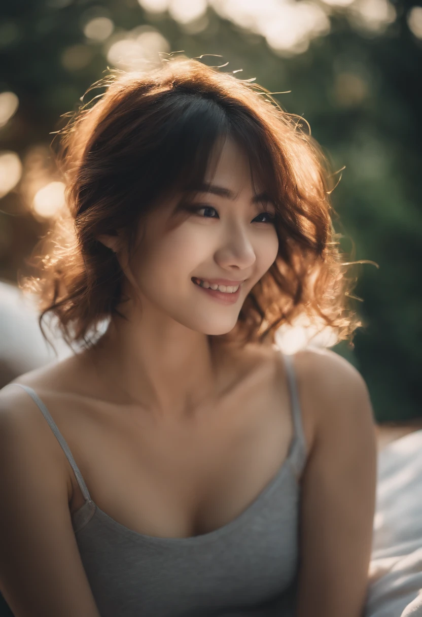 High resolution, (Official art, Beautiful and aesthetic: 1.2), Close View, a bed, girl, Running, Refreshing smile, natural beauty, inspiration, light effect ,barechested,Japan 20-year-old woman,