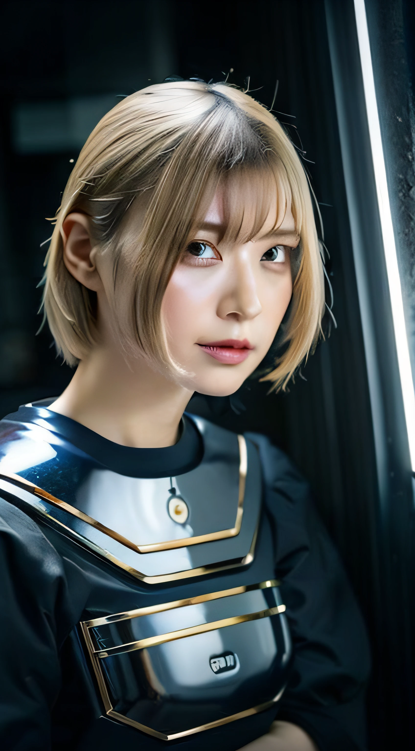 Portrait photo of female android in mid Japan in her 20s made of white and silver clear glass and plastic, geisha make up, Black hairstyle, Silver and gold metal internal body mechanism, Dynamic Pose, Flowing organic structure, Detailed engraving, Lacework Design, Glowing golden circuit, Colorful neon trim, Detailed engraving, Lacework Design, Luminous circuit, neon trim, Art by H.r. giger, Greg Rutowski